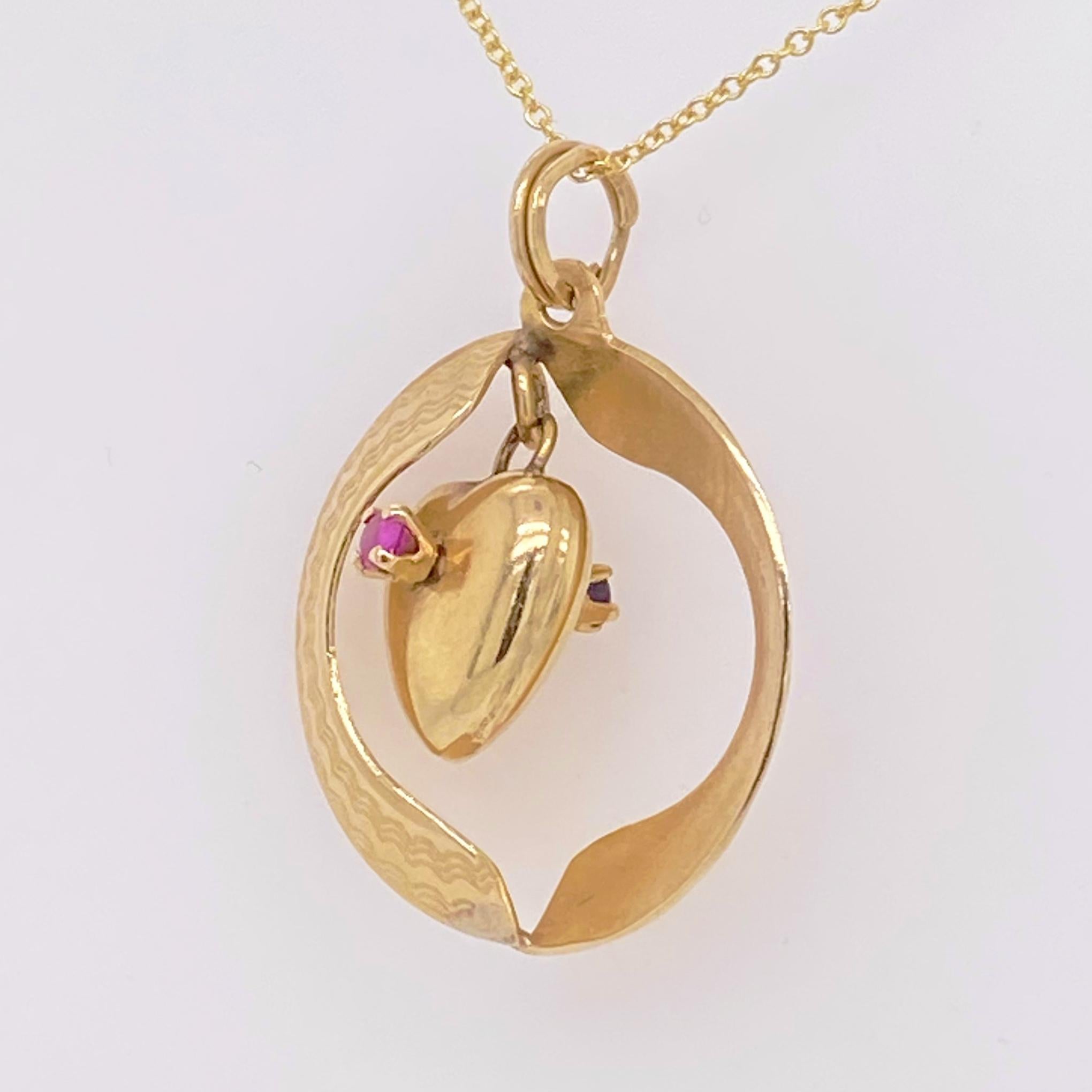 Modern Ruby Heart Necklace, Sapphire Heart Pendant, Reversible, 14 Karat Yellow Gold