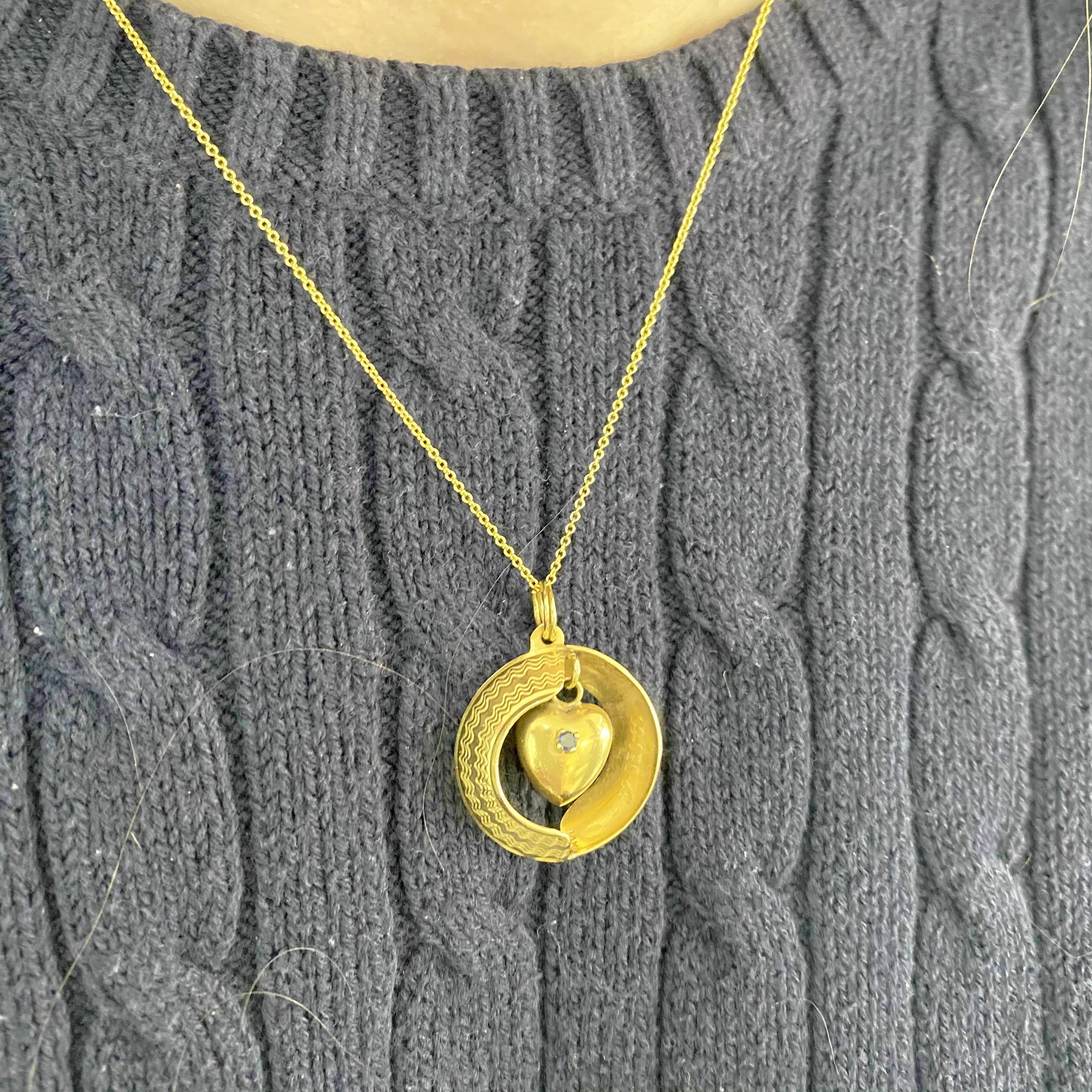 Round Cut Ruby Heart Necklace, Sapphire Heart Pendant, Reversible, 14 Karat Yellow Gold