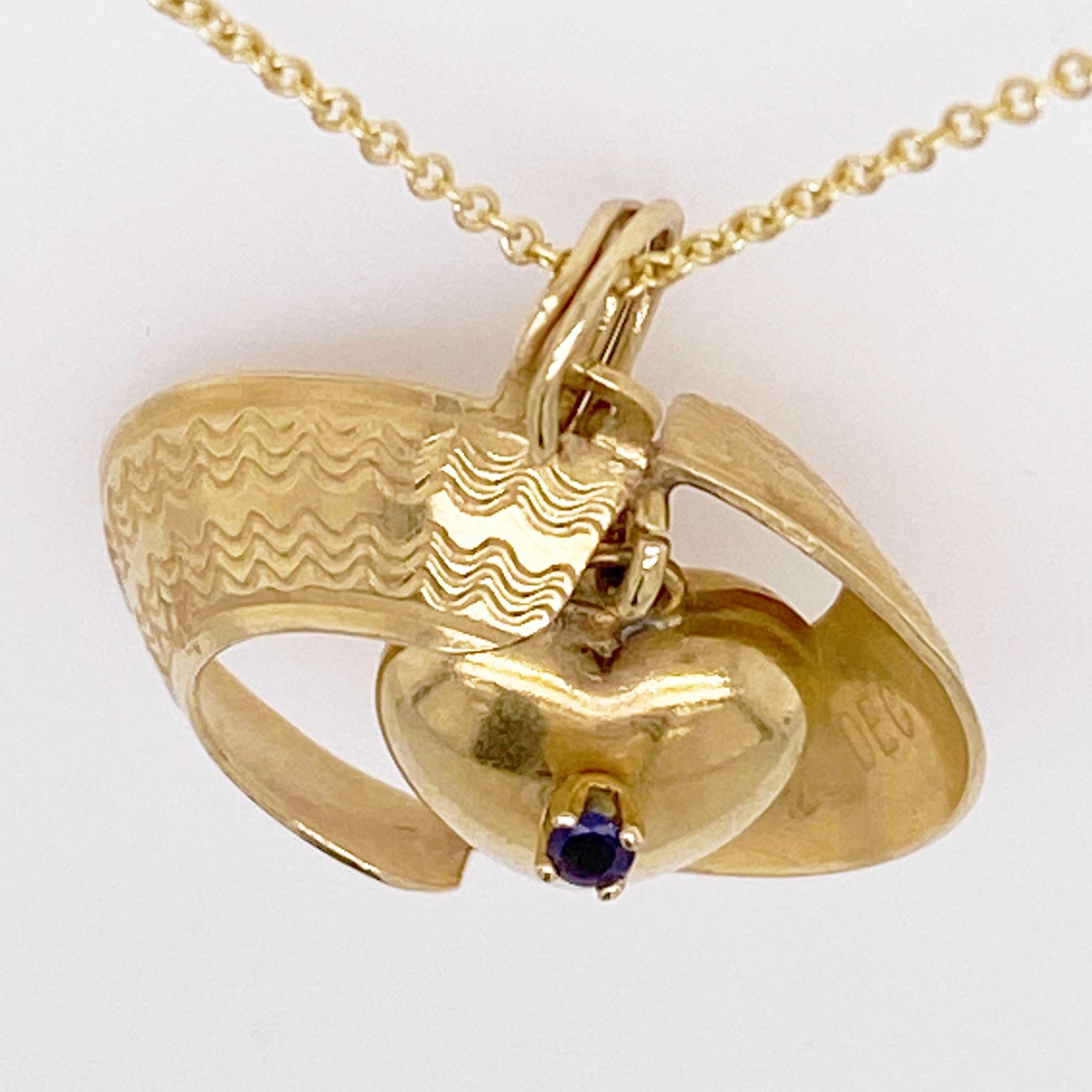 Women's Ruby Heart Necklace, Sapphire Heart Pendant, Reversible, 14 Karat Yellow Gold