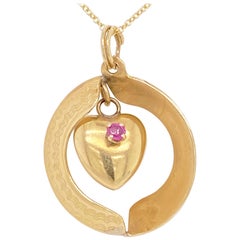 Collier cœur en or jaune 14 carats, pendentif réversible en forme de cœur en saphir et rubis