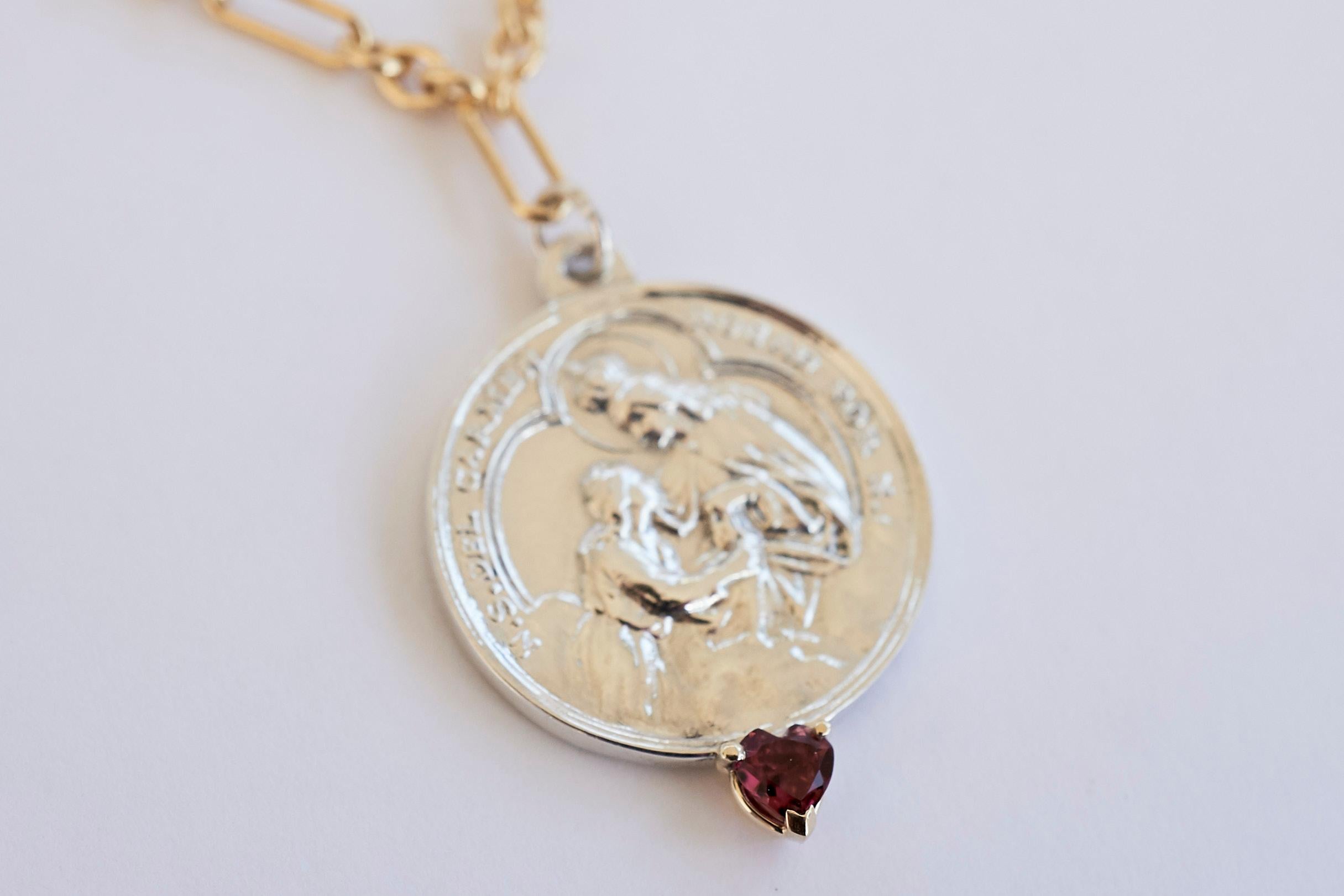 Ruby Heart Virgin del Carmen Medal Coin Silver Chain Necklace J Dauphin For Sale 2