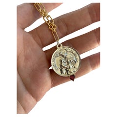 Ruby Heart Virgin del Carmen Medal Coin Silver Chain Necklace J Dauphin