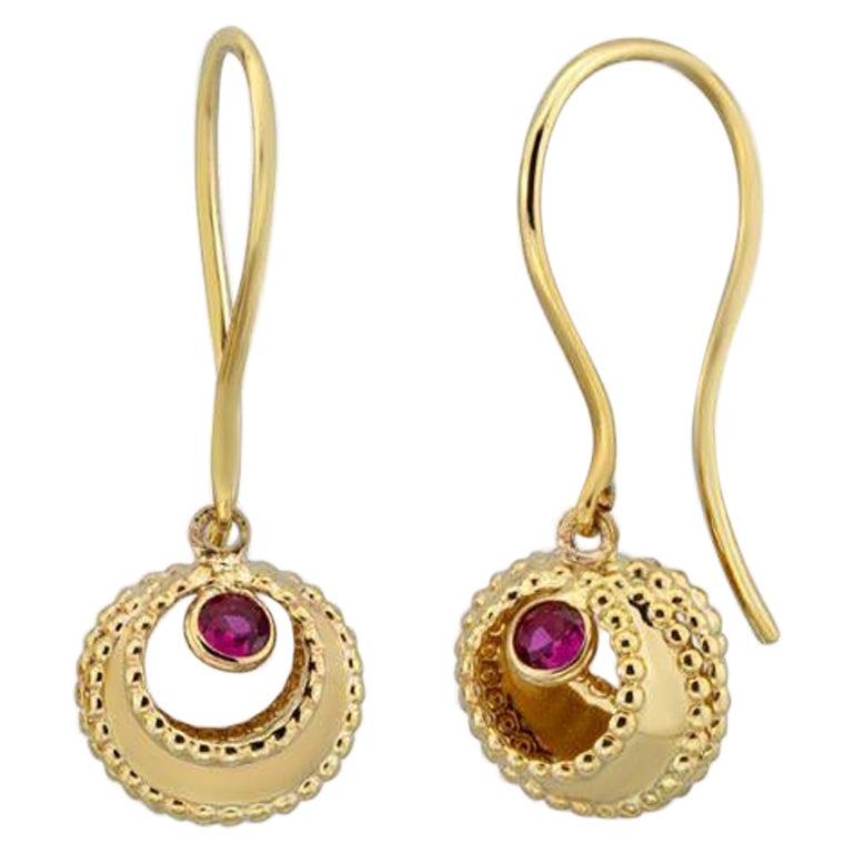 Ruby Hook Earrings in 14K Solid Yellow Gold For Sale