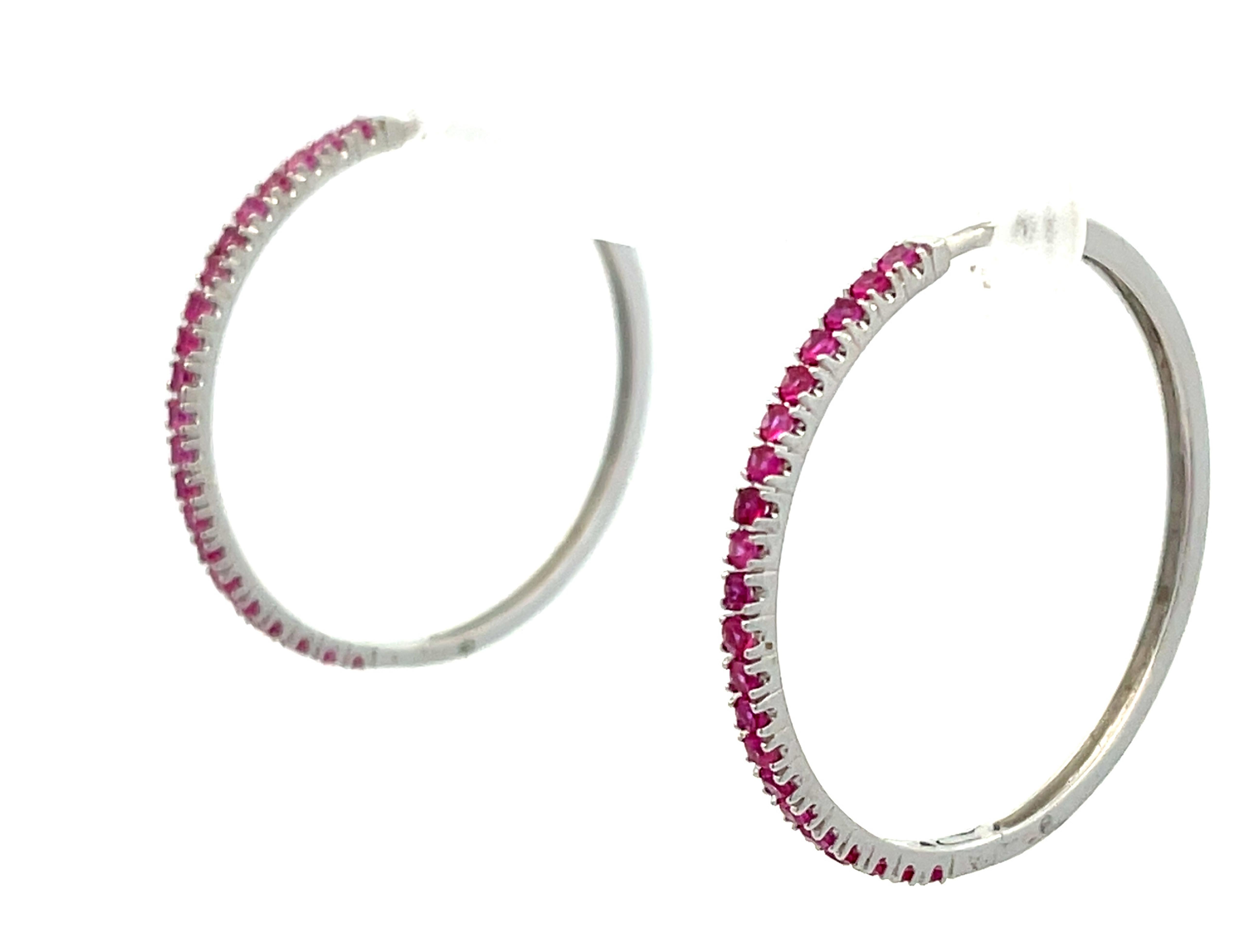 Modern Ruby Hoop Earrings in 18k White Gold For Sale