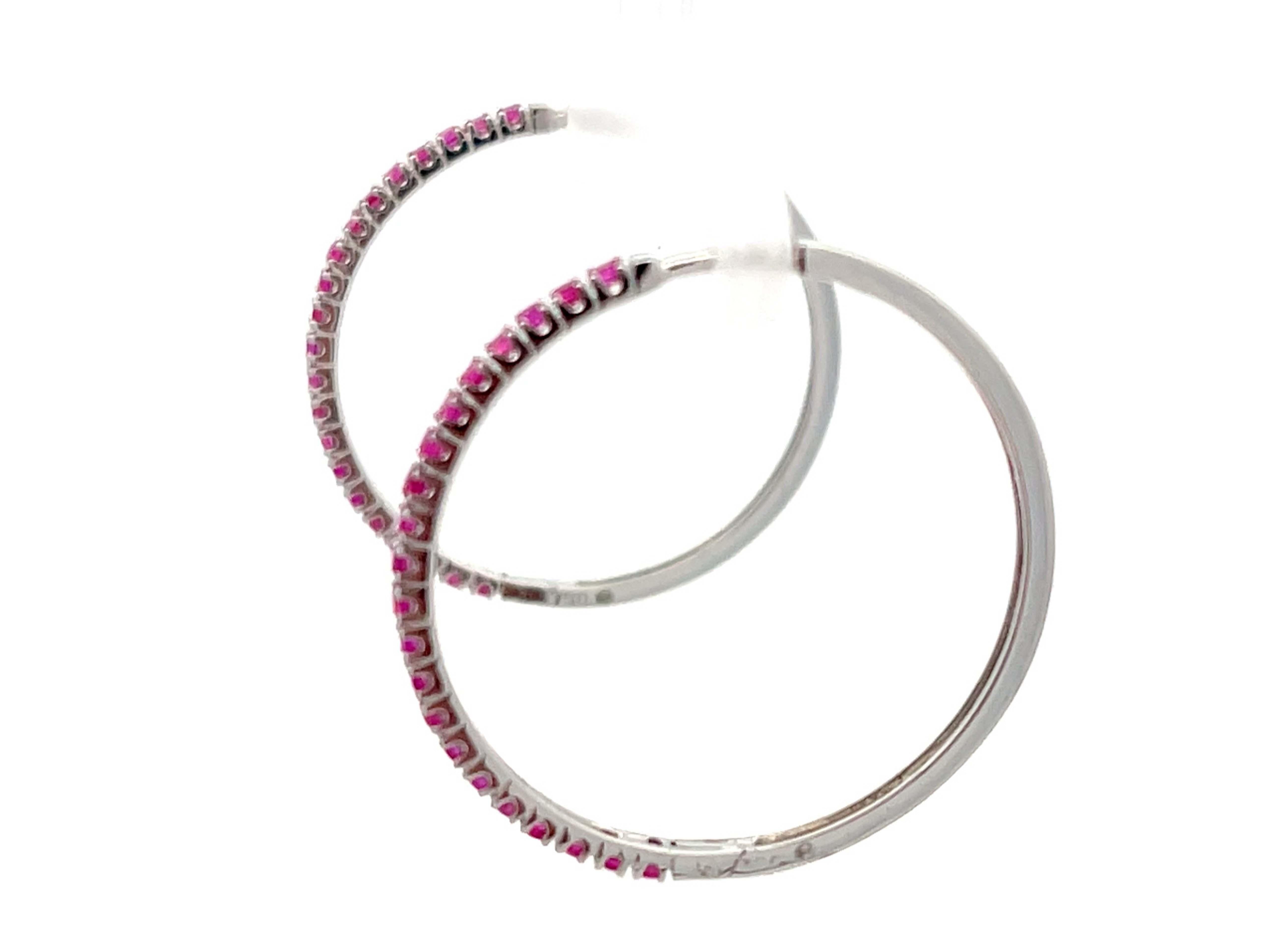 Women's Ruby Hoop Earrings in 18k White Gold For Sale