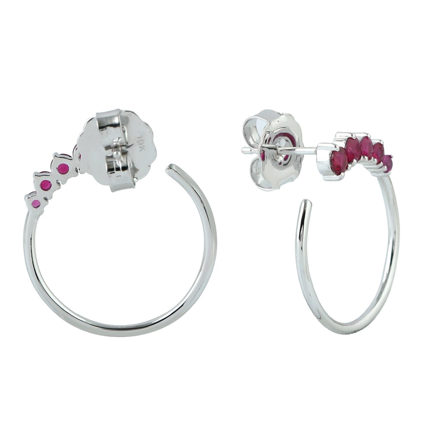 Artisan Ruby Hoop Earrings Made In 18K White Gold For Sale