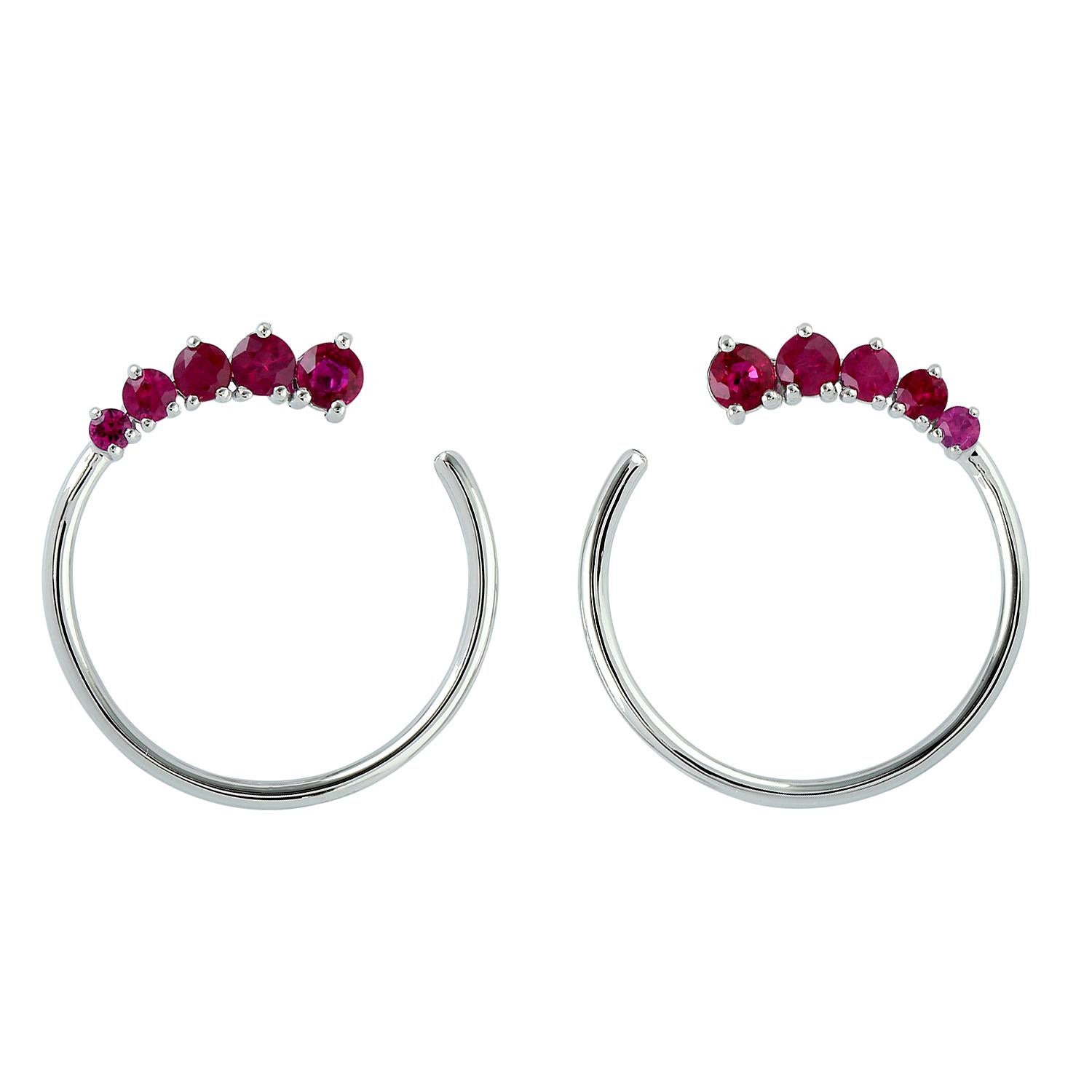 Mixed Cut Ruby Hoop Earrings Made In 18K White Gold For Sale