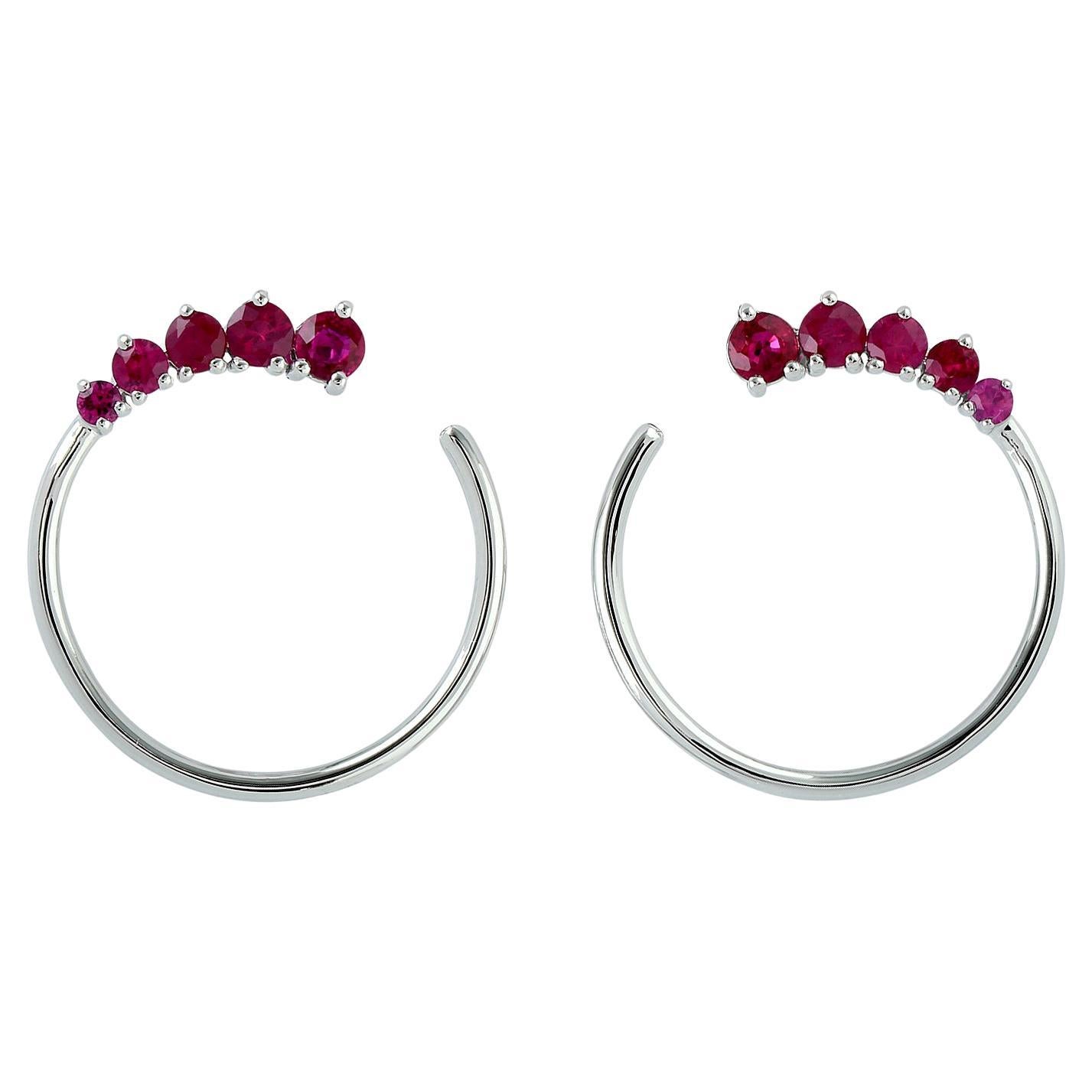 Ruby Hoop Earrings Made In 18K White Gold For Sale