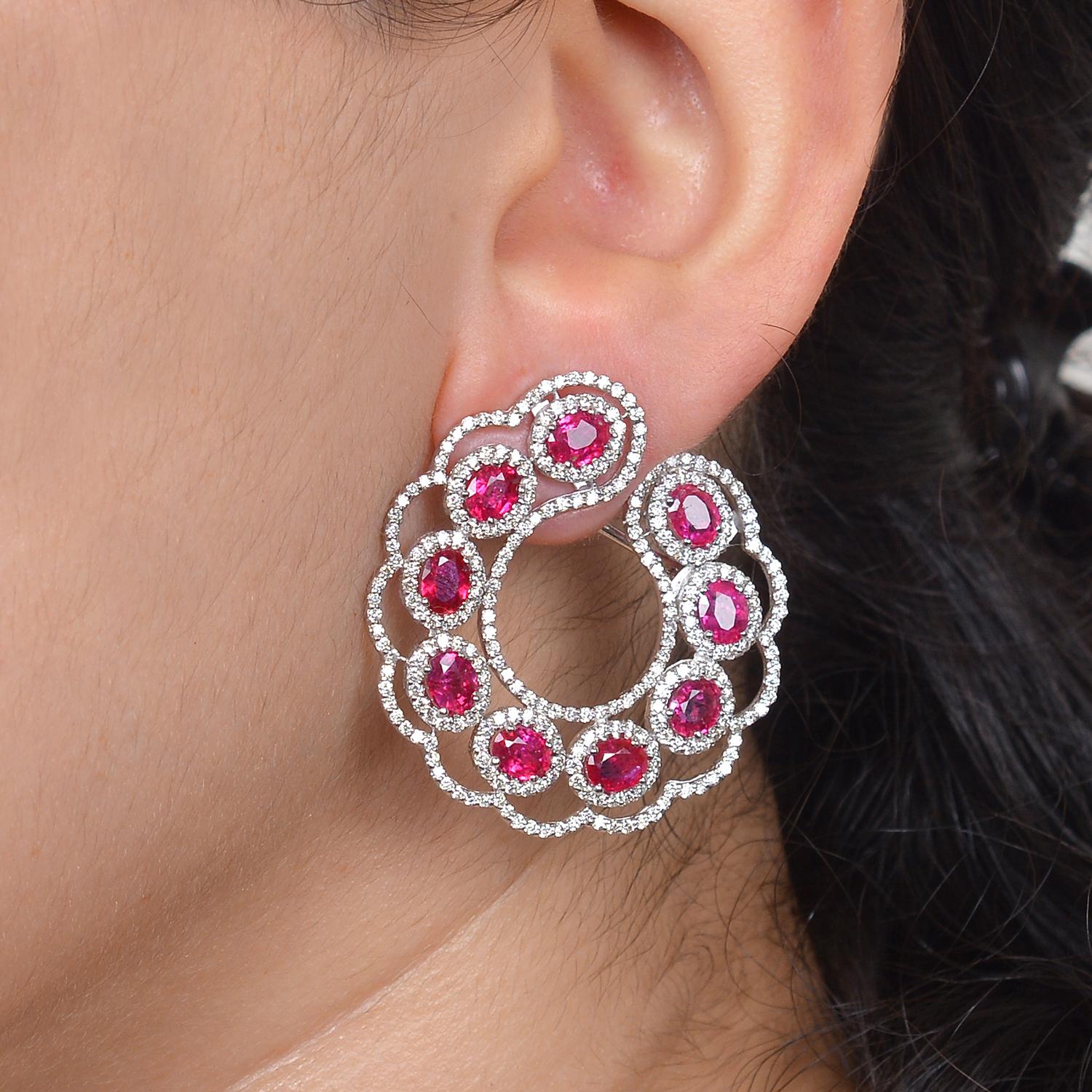Art Deco Ruby Hoop Earrings with Diamond in 18Karat Gold For Sale