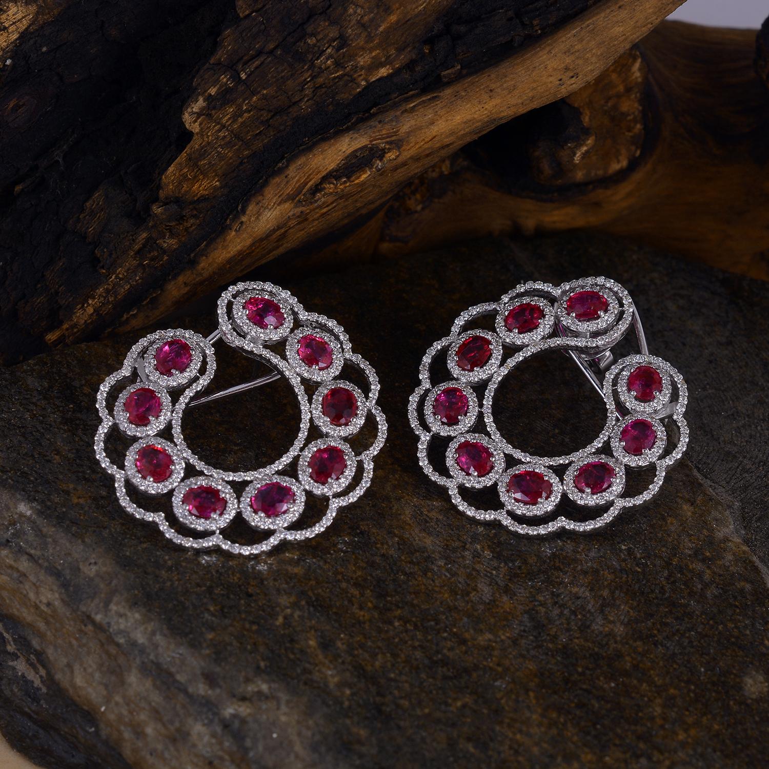 Brilliant Cut Ruby Hoop Earrings with Diamond in 18Karat Gold For Sale