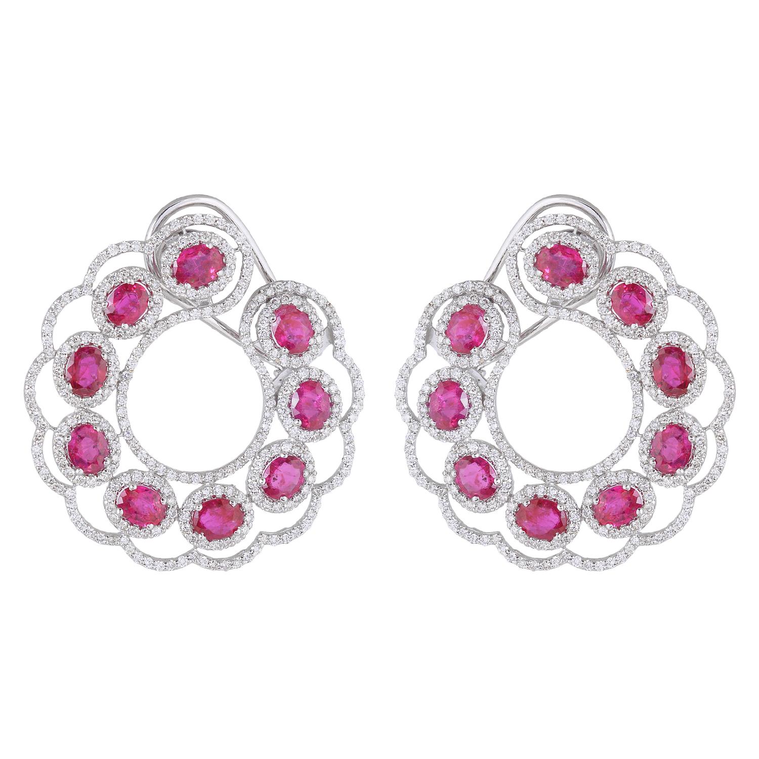 Ruby Hoop Earrings with Diamond in 18Karat Gold In New Condition For Sale In jaipur, IN