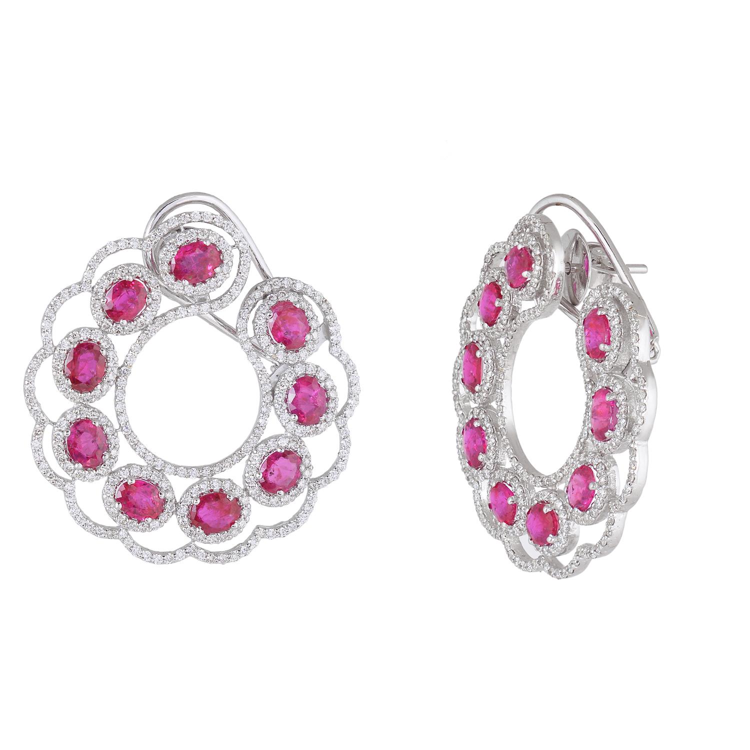 Women's or Men's Ruby Hoop Earrings with Diamond in 18Karat Gold For Sale