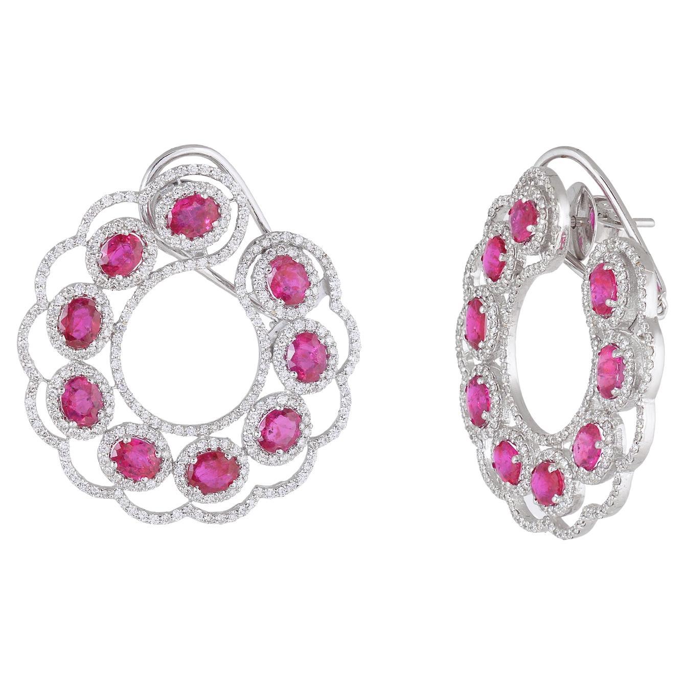 Ruby Hoop Earrings with Diamond in 18Karat Gold For Sale