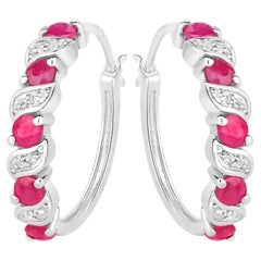 Ruby Hoop Earrings With White Topaz 1.36 Carats Sterling Silver