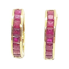 Ruby Huggies/Hoop Earrings Set in 18 Karat Gold Settings