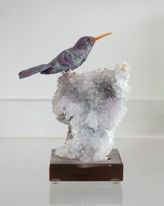 Ruby Hummingbird Sculpture on Amethyst & Quartz Mineral Base