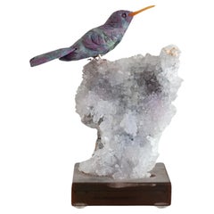 Hummingbird-Skulptur eines Hummingbirds mit Rubin auf Amethyst und Quarz- Mineralsockel