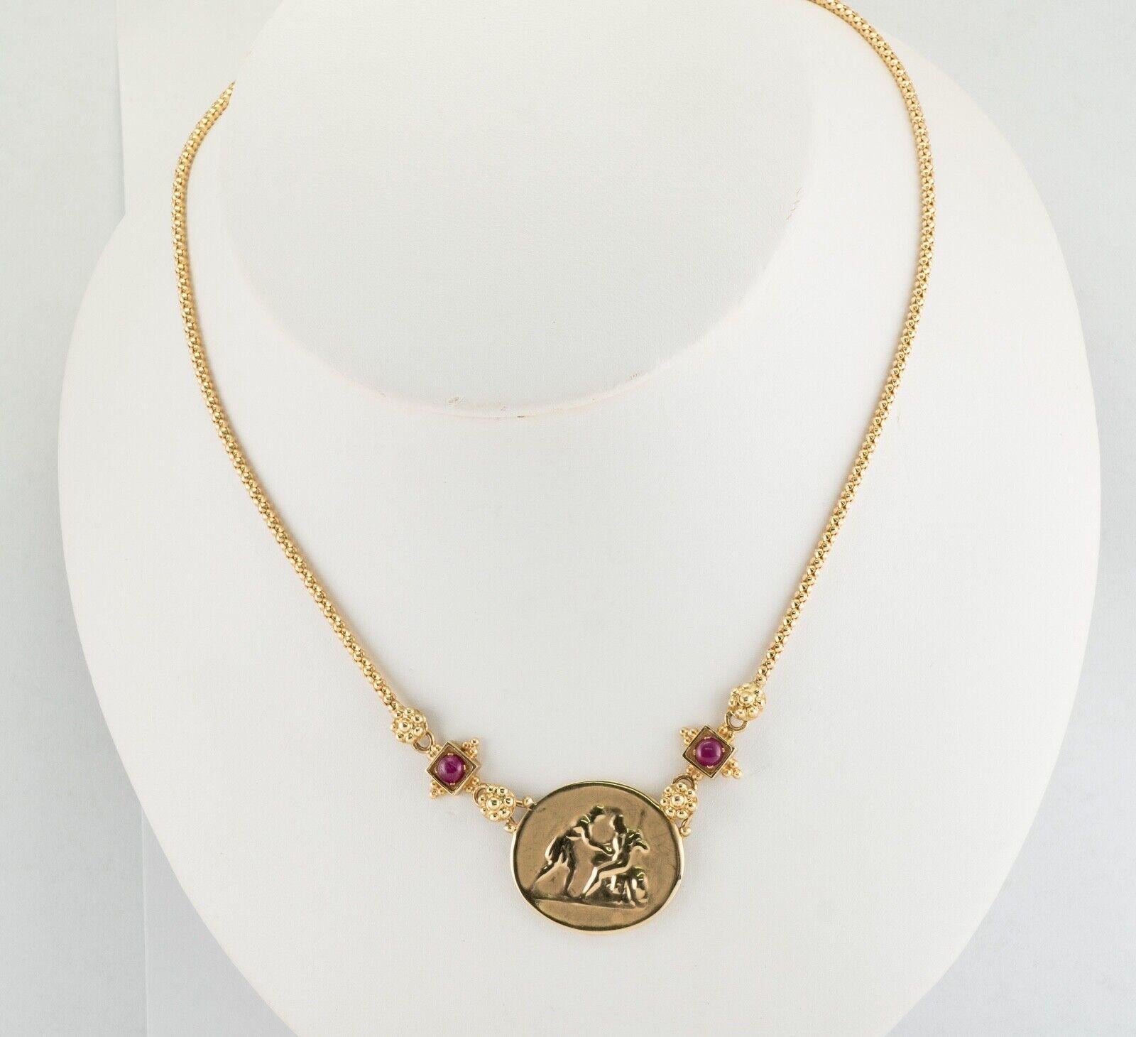 Ruby Intaglio Cameo Pendant Necklace 14K Gold

This gorgeous necklace is finely crafted by Italian jewelry maker in solid 14K Yellow Gold. The satin and polished centerpiece beautifully paints a scene of classic mythology. The center oval medallion