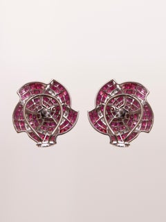 Ruby Invisible Setting Flower Earrings in 14kt Gold & Diamonds