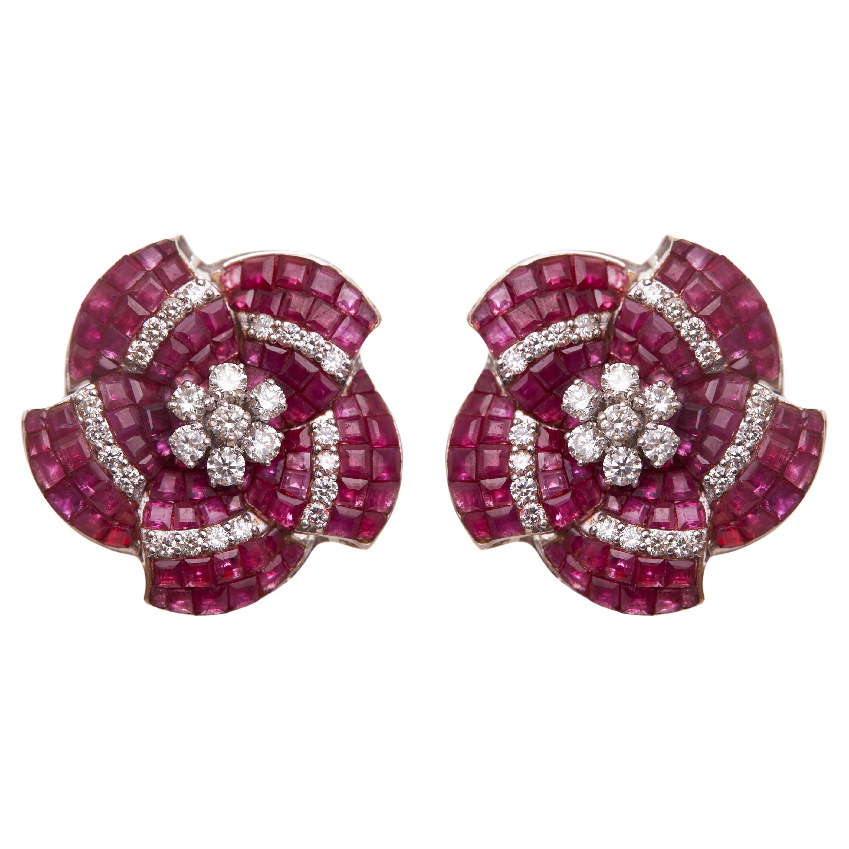 Ruby Invisible Setting Flower Earrings in 14kt Gold & Diamonds