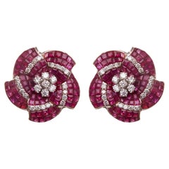 Ruby Invisible Setting Flower Earrings in 14kt Gold & Diamonds
