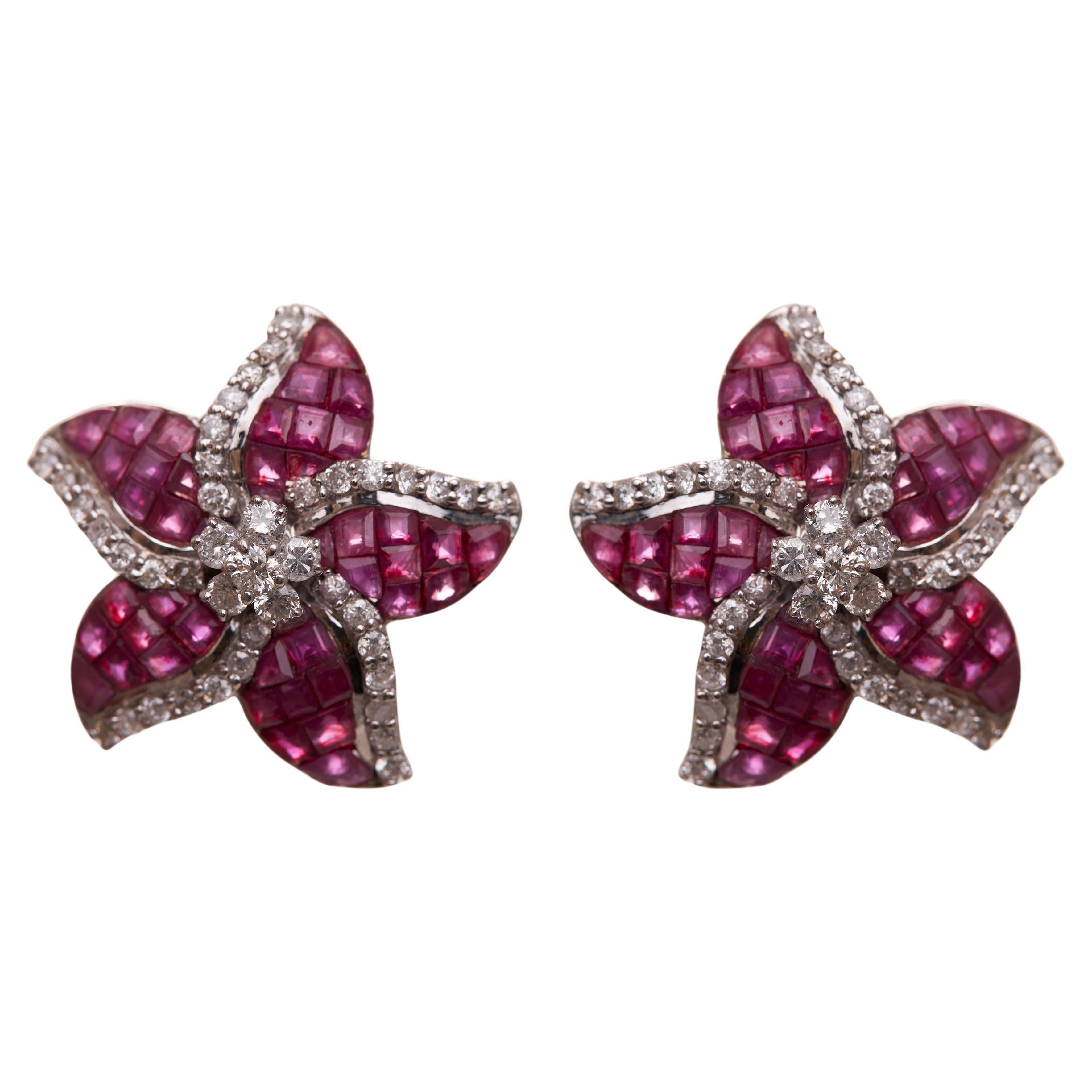 Ruby Invisible Setting Flower Studs in 14kt Gold & Diamond