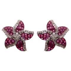 Ruby Invisible Setting Flower Studs in 14kt Gold & Diamond