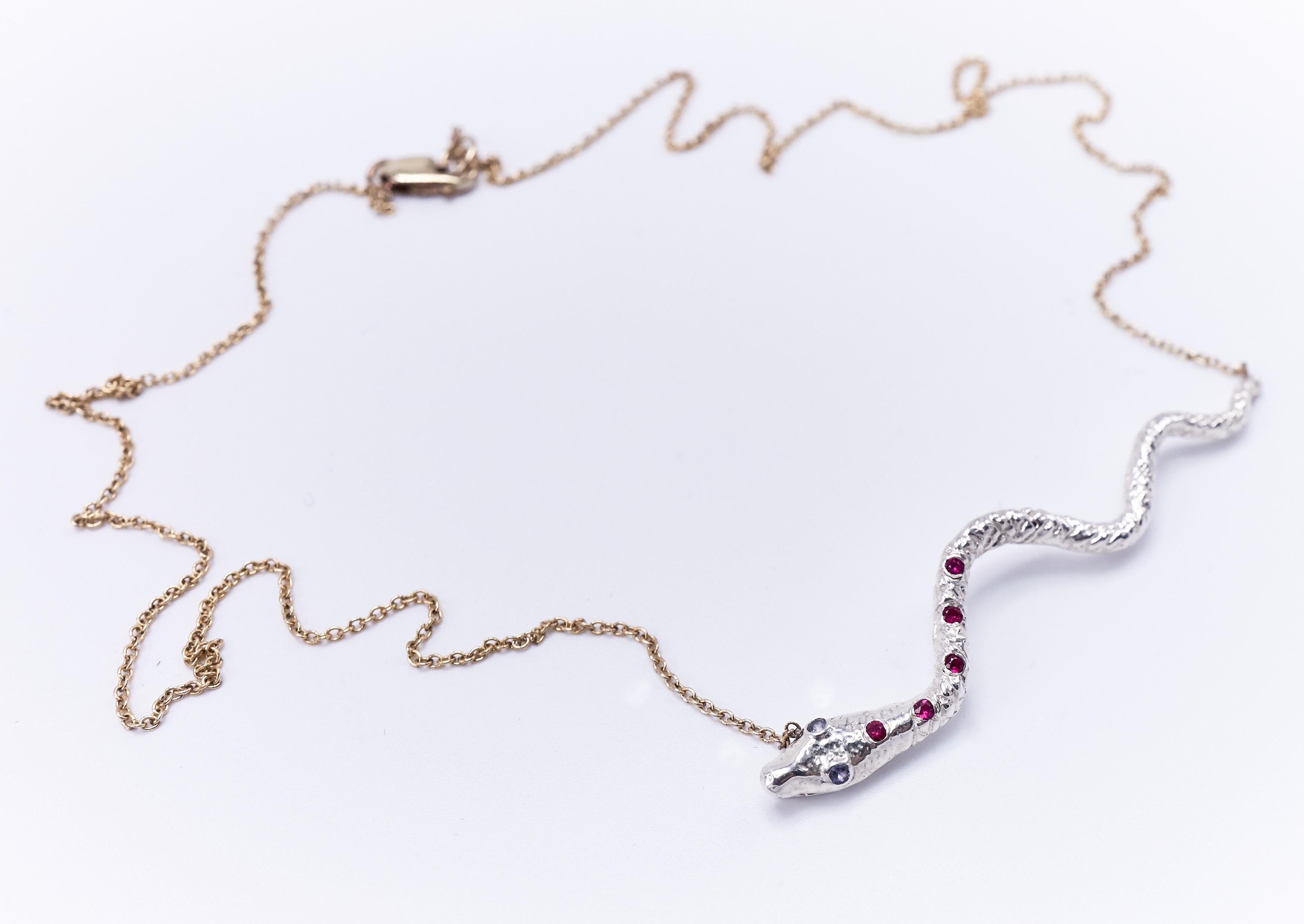 Ruby Iolite Snake Necklace Silver Gold Filled Chain J Dauphin In New Condition For Sale In Los Angeles, CA