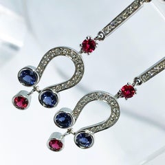 Berca Ruby Iolite White Diamond Art Deco Style Champslevé Enameled Drop Earrings