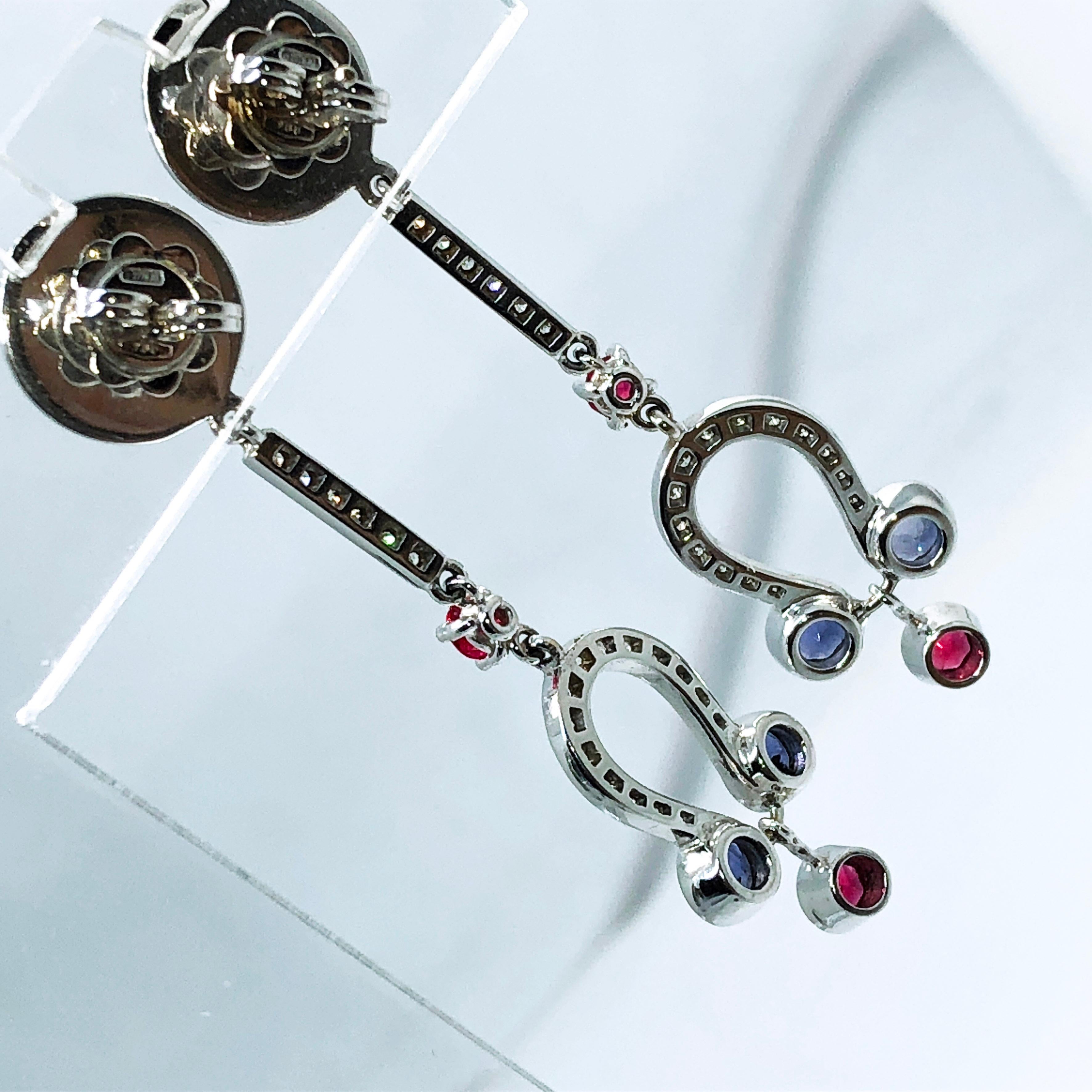 Women's Berca Ruby Iolite White Diamond Art Deco Style Champslevé Enameled Drop Earrings For Sale