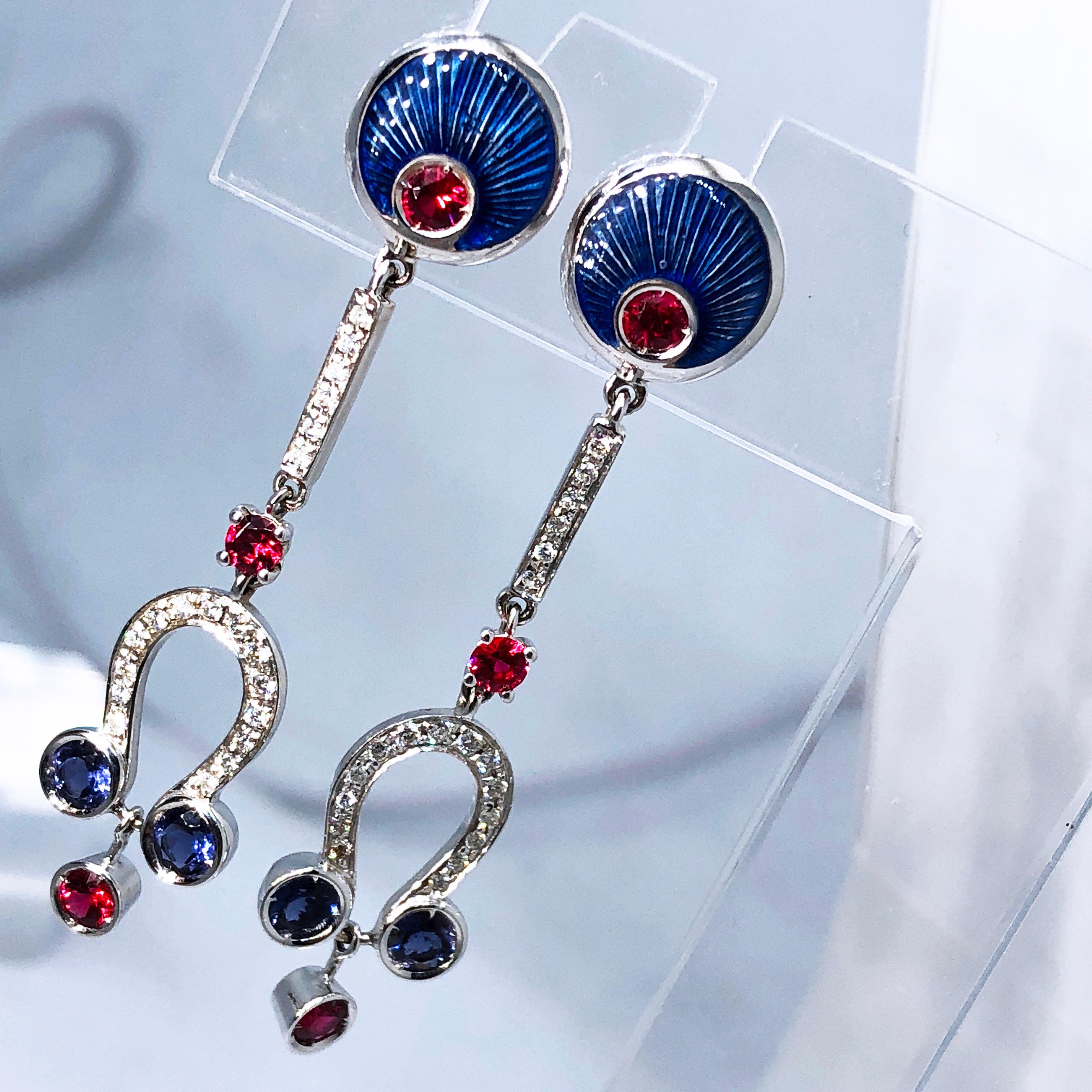 Berca Ruby Iolite White Diamond Art Deco Style Champslevé Enameled Drop Earrings For Sale 2