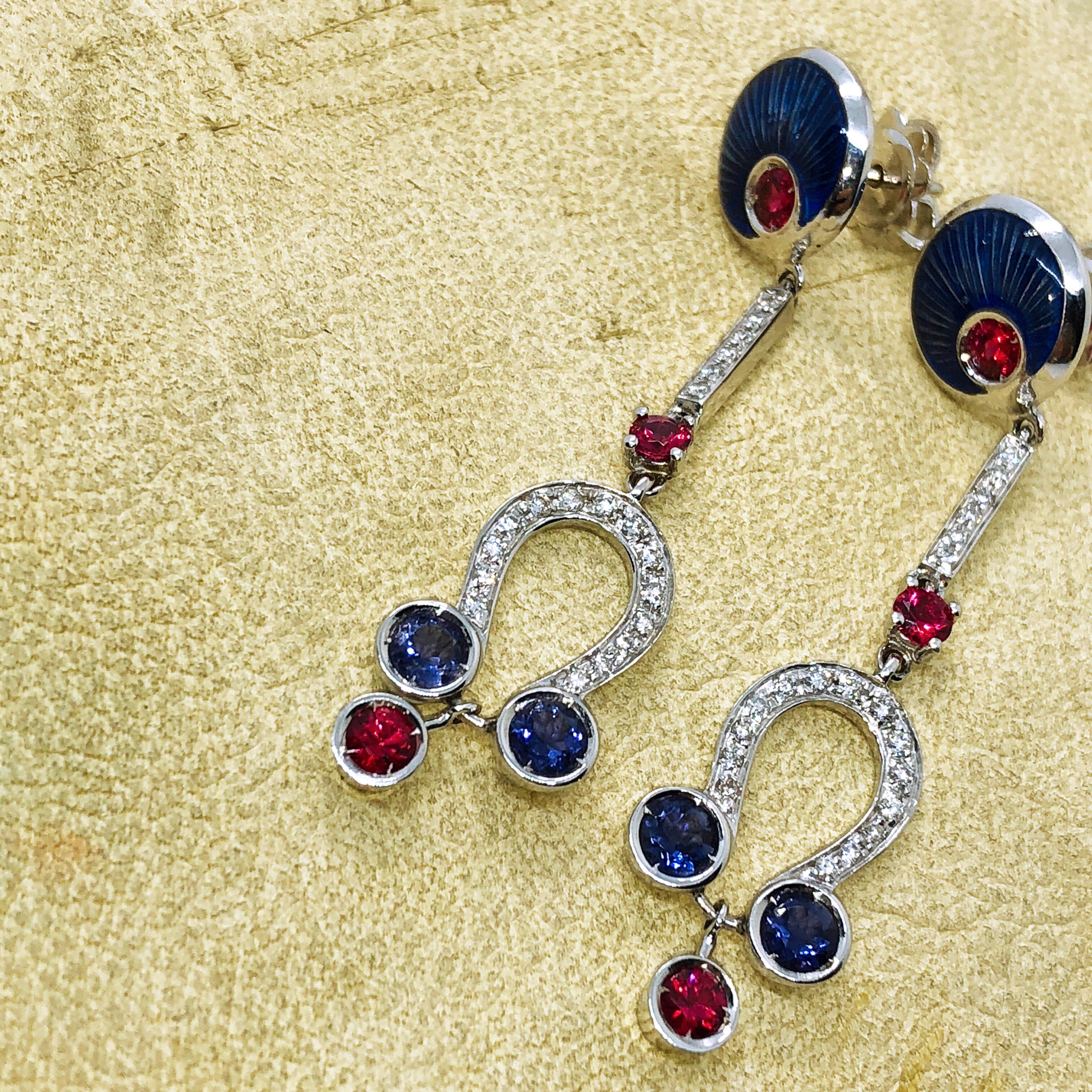 Berca Ruby Iolite White Diamond Art Deco Style Champslevé Enameled Drop Earrings For Sale 4