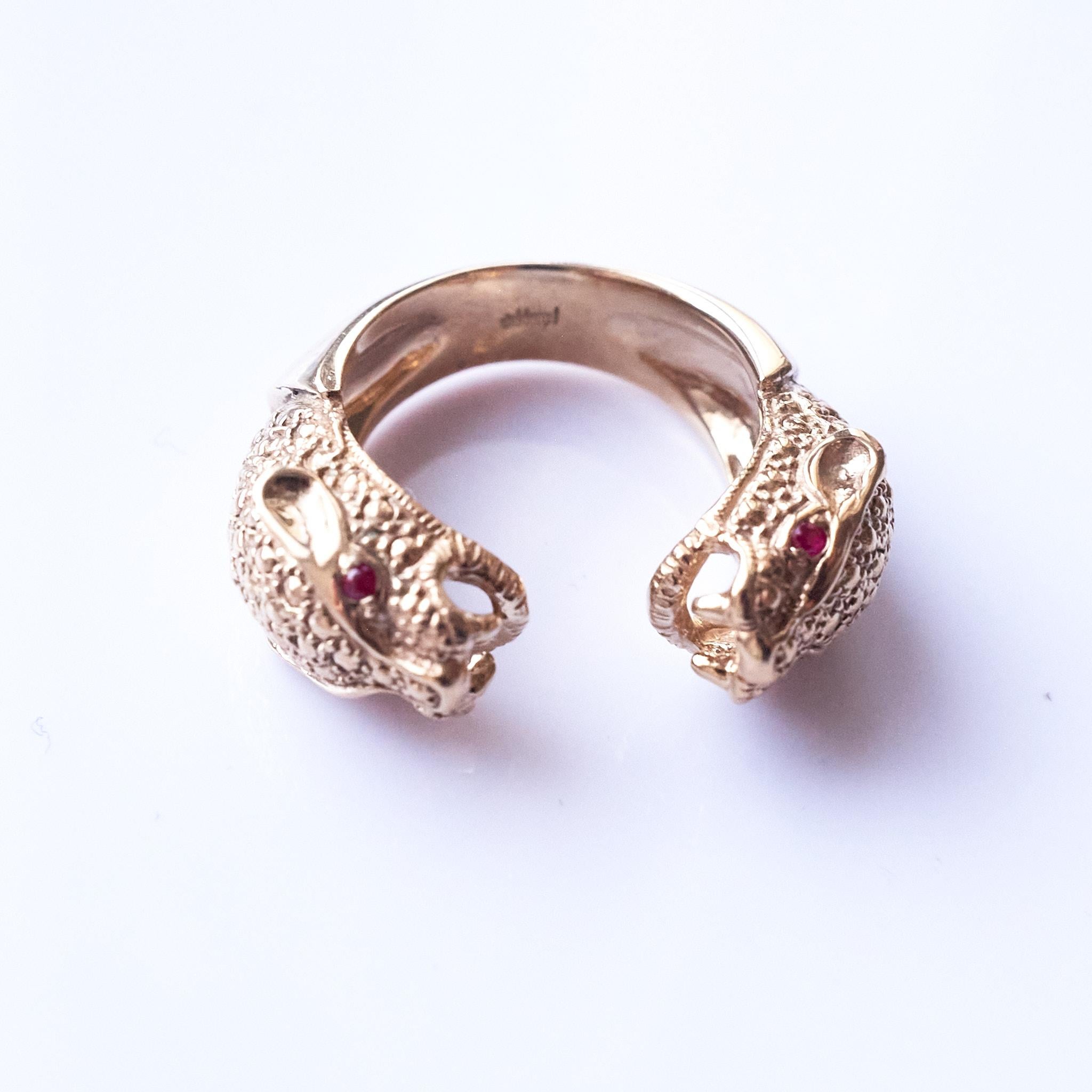 Early Victorian Ruby Jaguar Ring Bronze Animal Jewelry Cocktail Ring J Dauphin For Sale