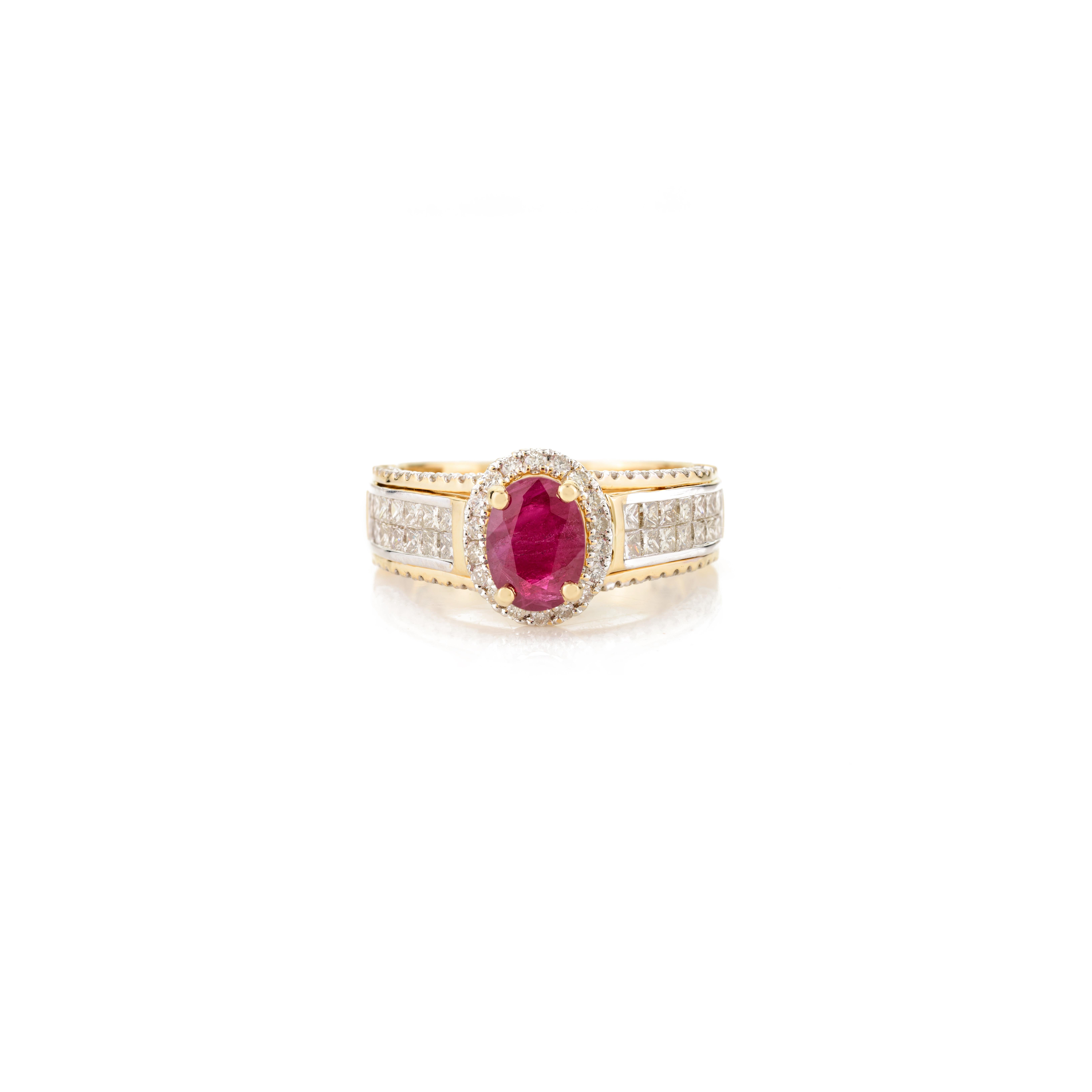 For Sale:  Red Ruby Engagement Ring for Women with Diamonds in 18k Solid Yellow Gold 2