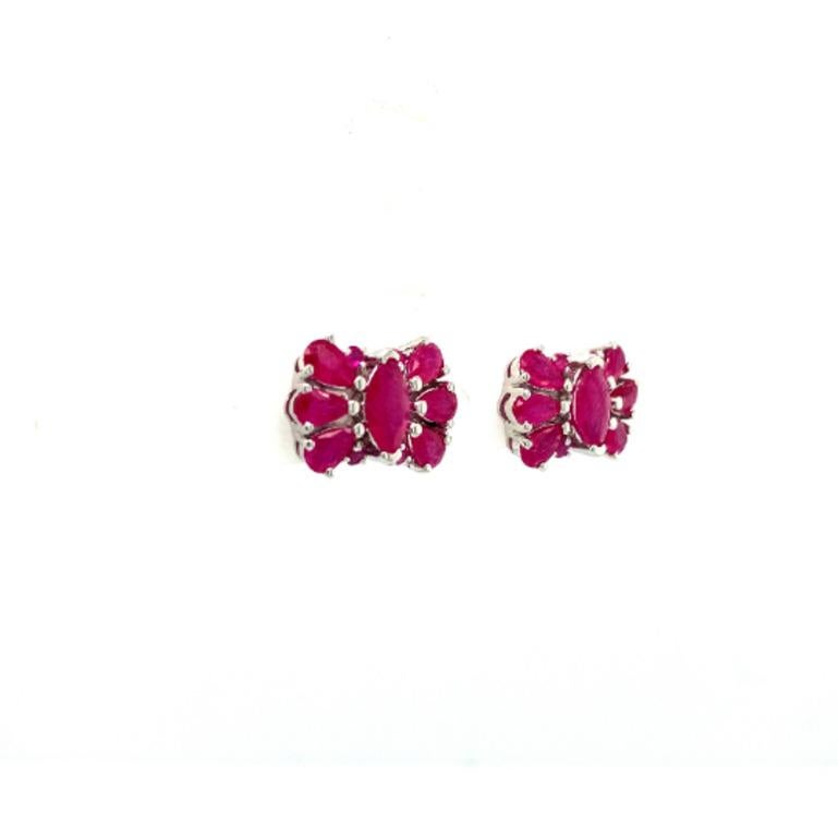 Contemporary Ruby July Birthstone Floral Stud Earrings Handcrafted in Sterling Silver For Sale