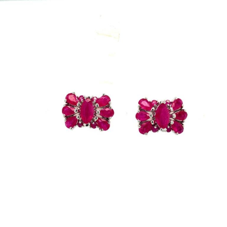 Mixed Cut Ruby July Birthstone Floral Stud Earrings Handcrafted in Sterling Silver For Sale