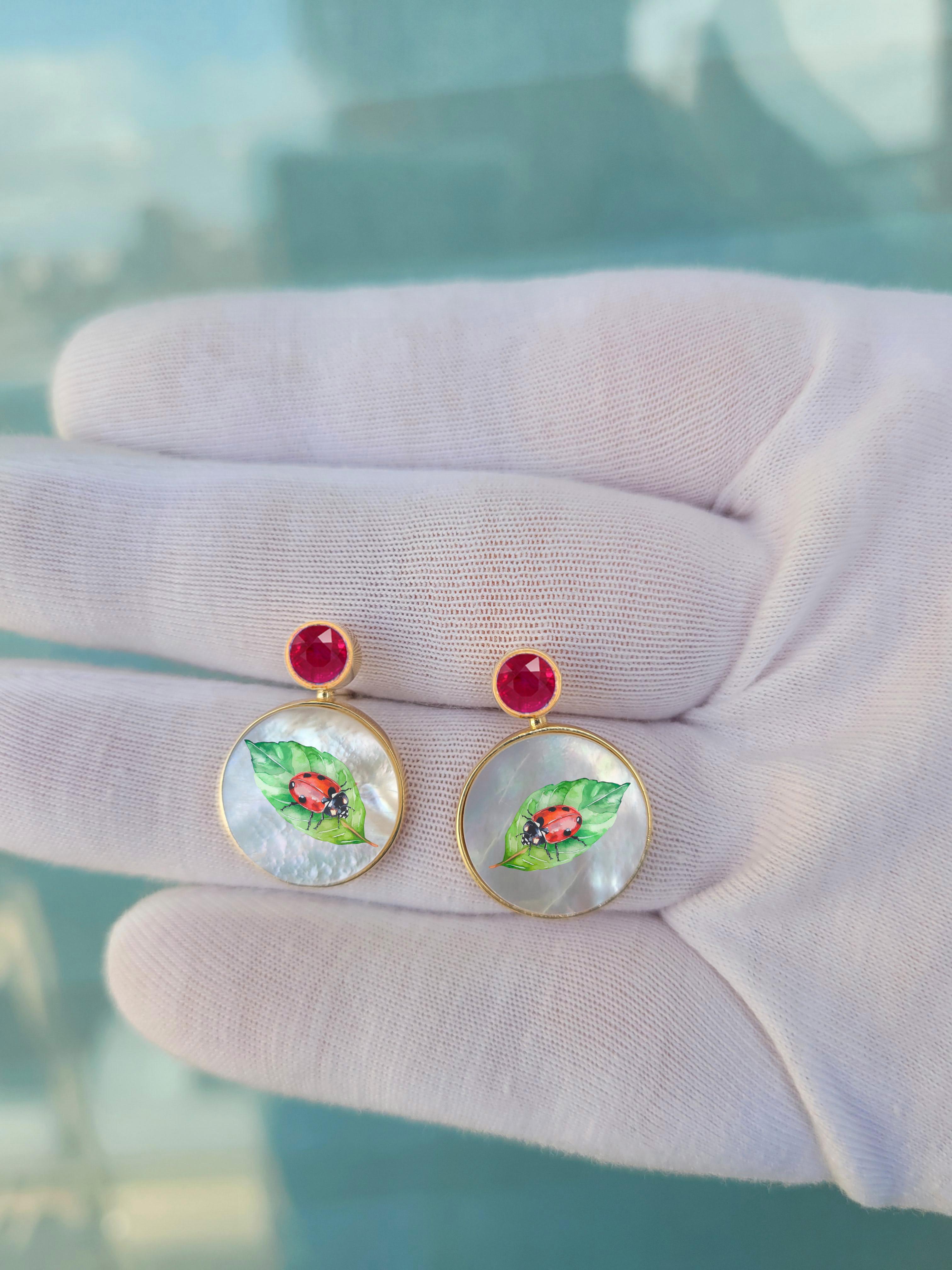 Mother Of Pearl Shell Stud Earrings with round rubies and ladybug on leaf drawing. Handmade Paint Flower Shell Earrings with ruby. Beach Wedding bridal stud earrings Mother of pearl beach earrings. Shell paint earrings. Wearable art earrings studs.