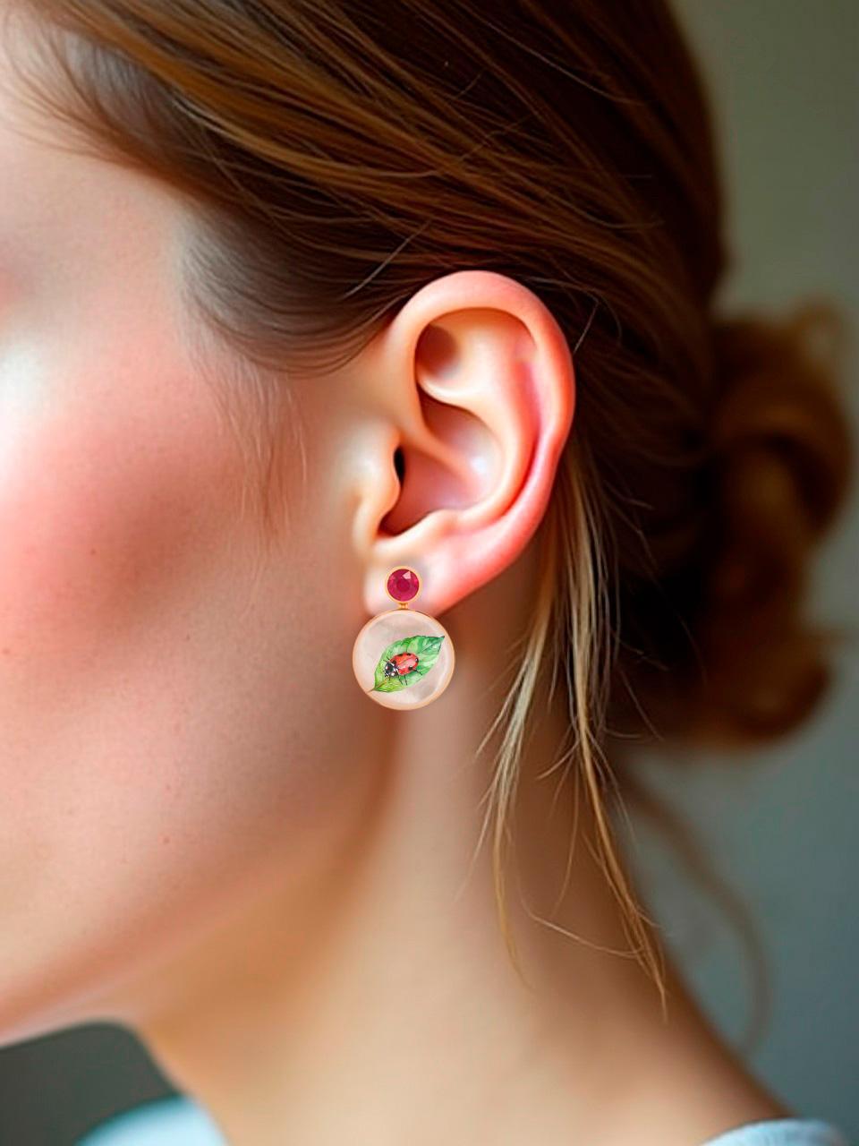Modern Ruby, ladybug on leaf painting, Mother of pearl earrings studs. For Sale
