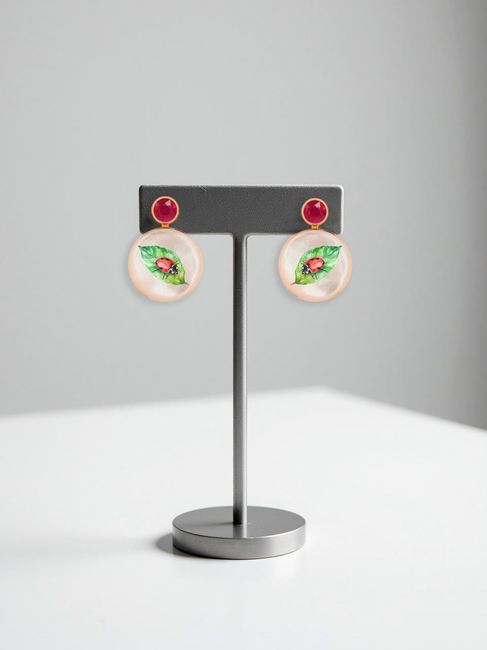 Round Cut Ruby, ladybug on leaf painting, Mother of pearl earrings studs. For Sale