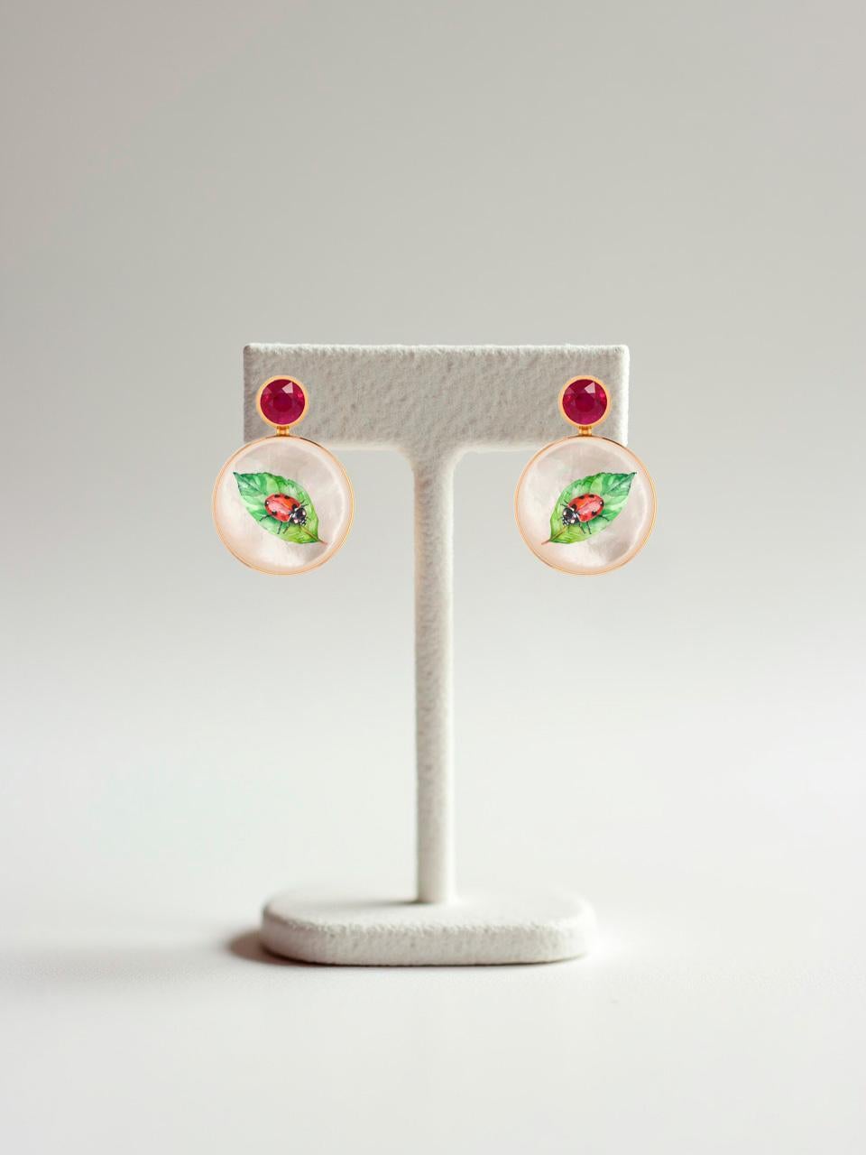 Ruby, ladybug on leaf painting, Mother of pearl earrings studs. In New Condition For Sale In Istanbul, TR