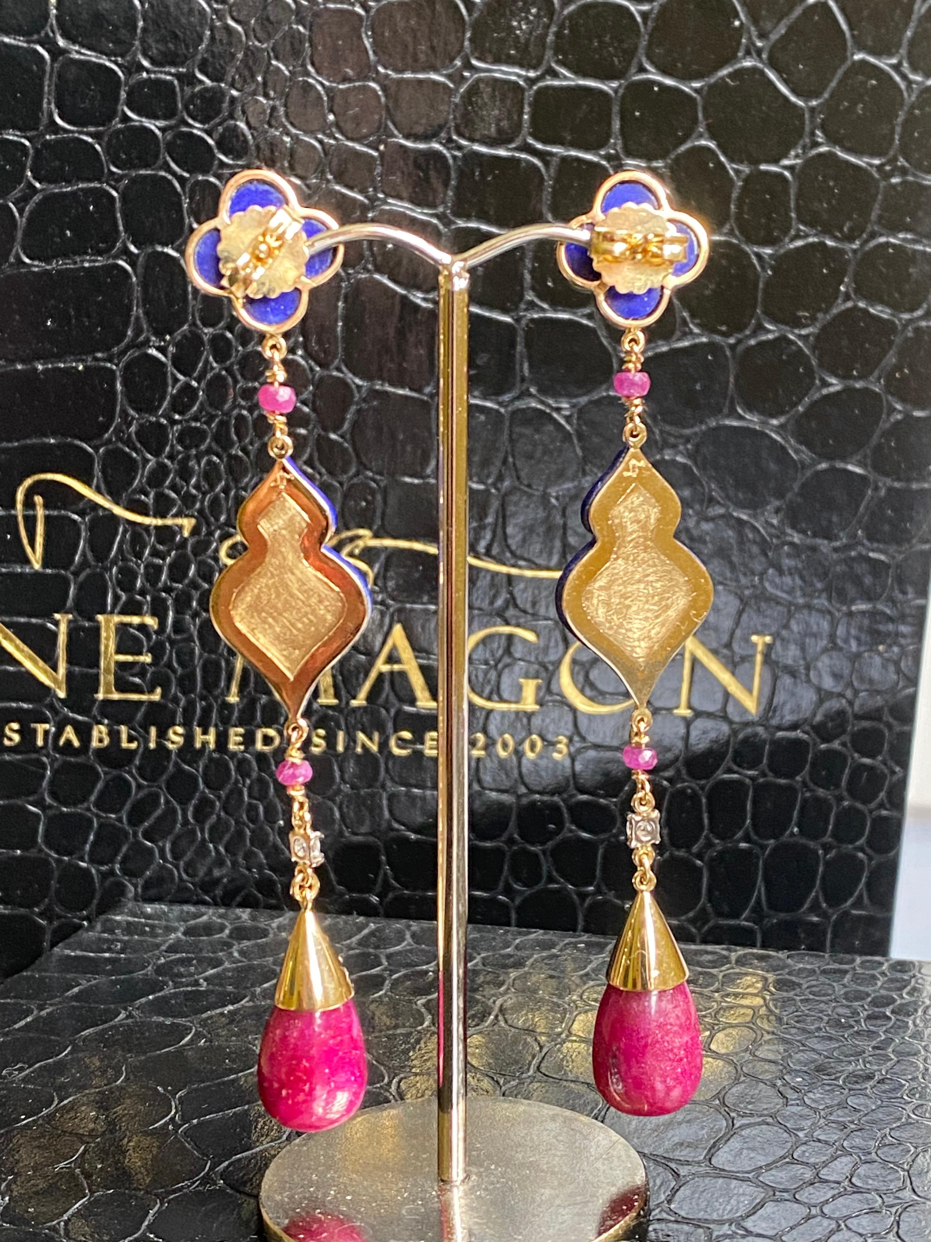 Contemporary Ruby, Lapis Lazuli Quatrefoil, and Diamond Statement Earrings in 18 Karat Gold For Sale