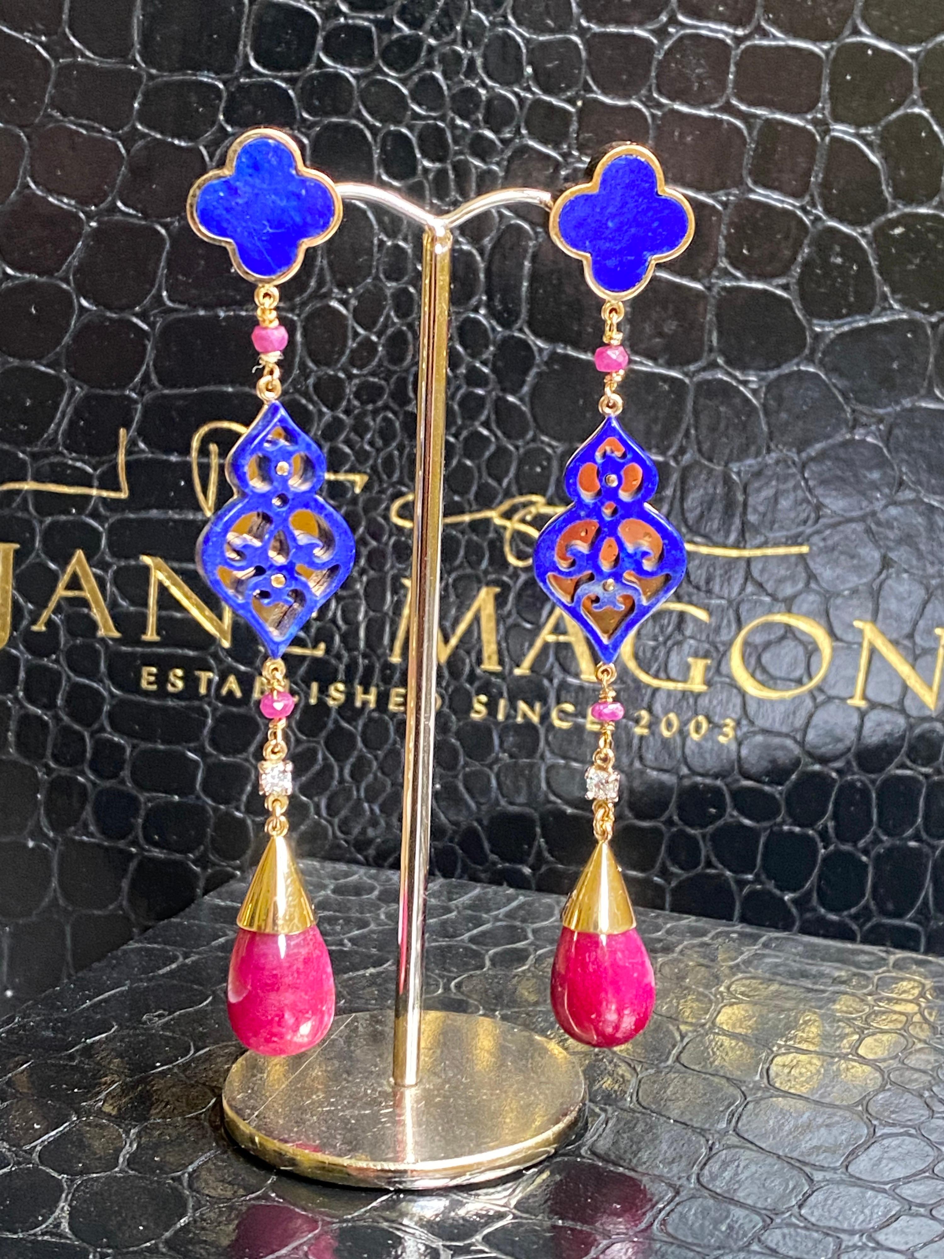 Round Cut Ruby, Lapis Lazuli Quatrefoil, and Diamond Statement Earrings in 18 Karat Gold For Sale