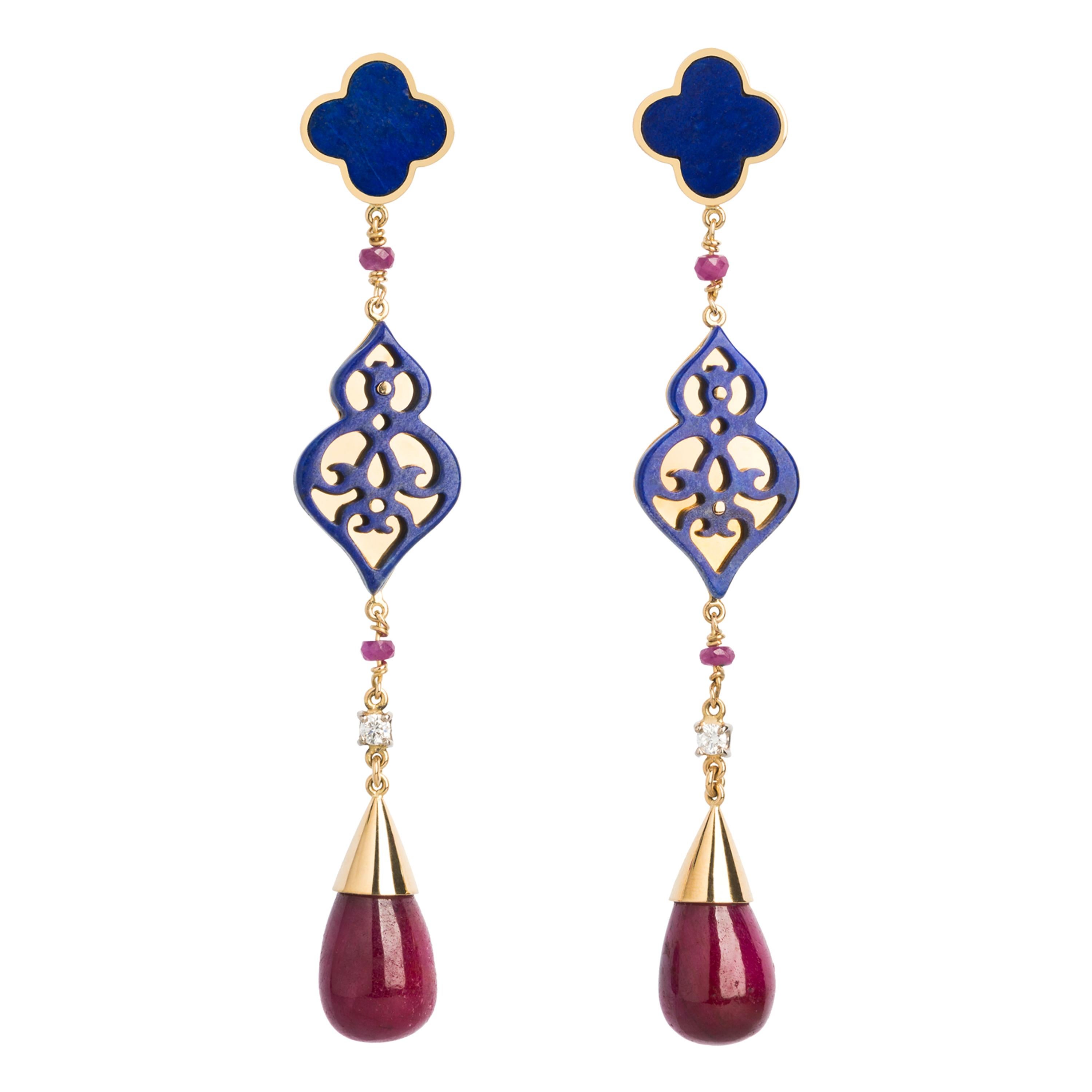 Ruby, Lapis Lazuli Quatrefoil, and Diamond Statement Earrings in 18 Karat Gold For Sale