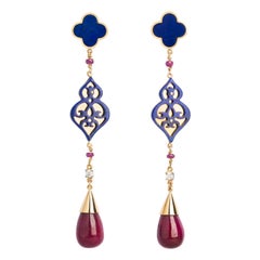 Ruby, Lapis Lazuli Quatrefoil, and Diamond Statement Earrings in 18 Karat Gold