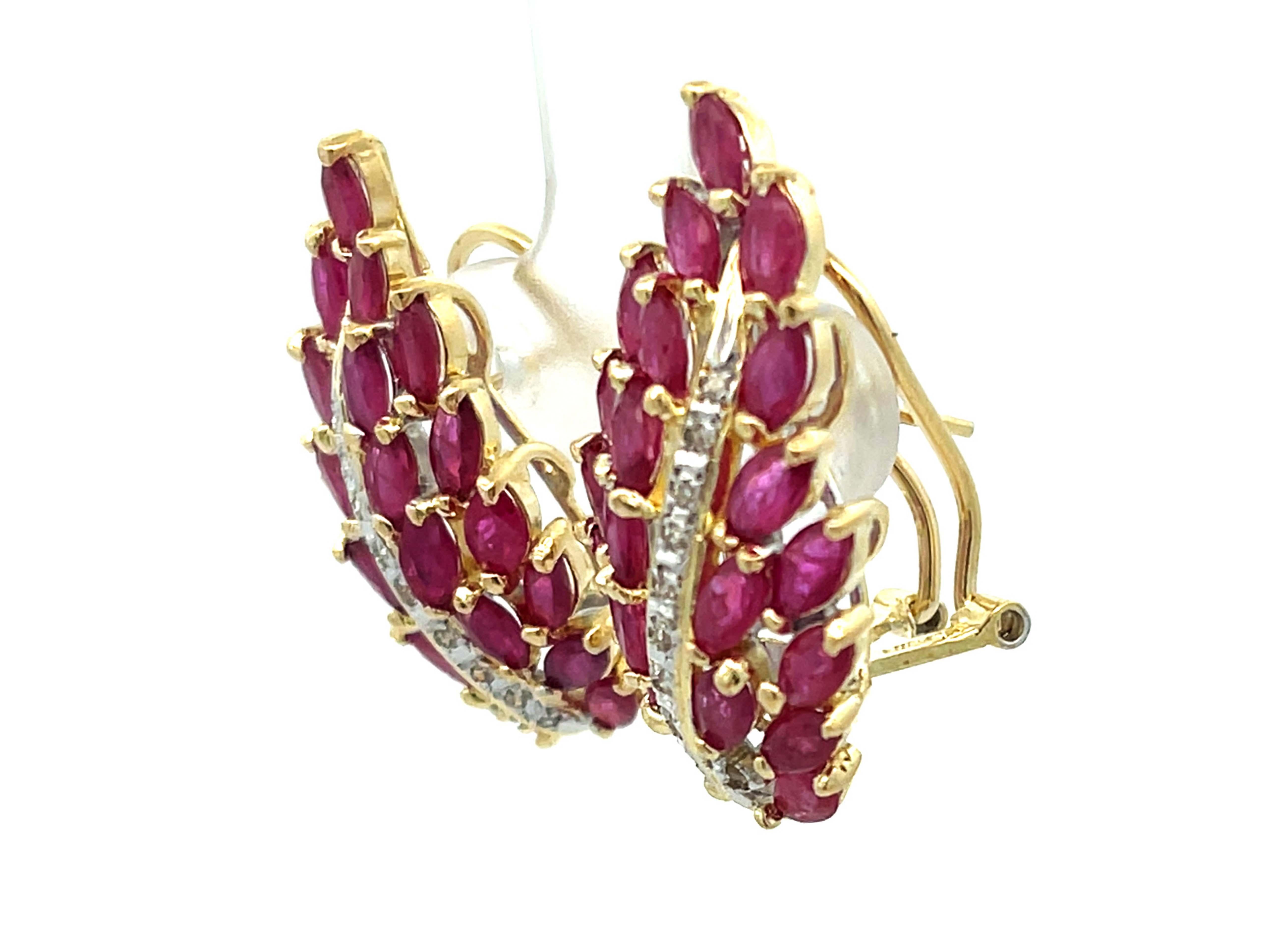 Modern Ruby Leaf and Diamond Earrings in 14k Yellow Gold For Sale