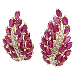 Ruby Leaf and Diamond Earrings in 14k Yellow Gold