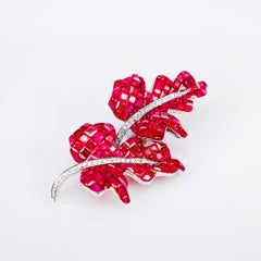 Ruby Leaf Brooch 18 Carat White Gold