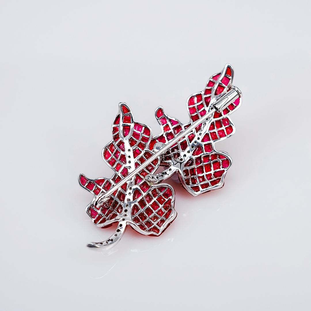 Modern Ruby Leaf Brooch 18 Karat White Gold