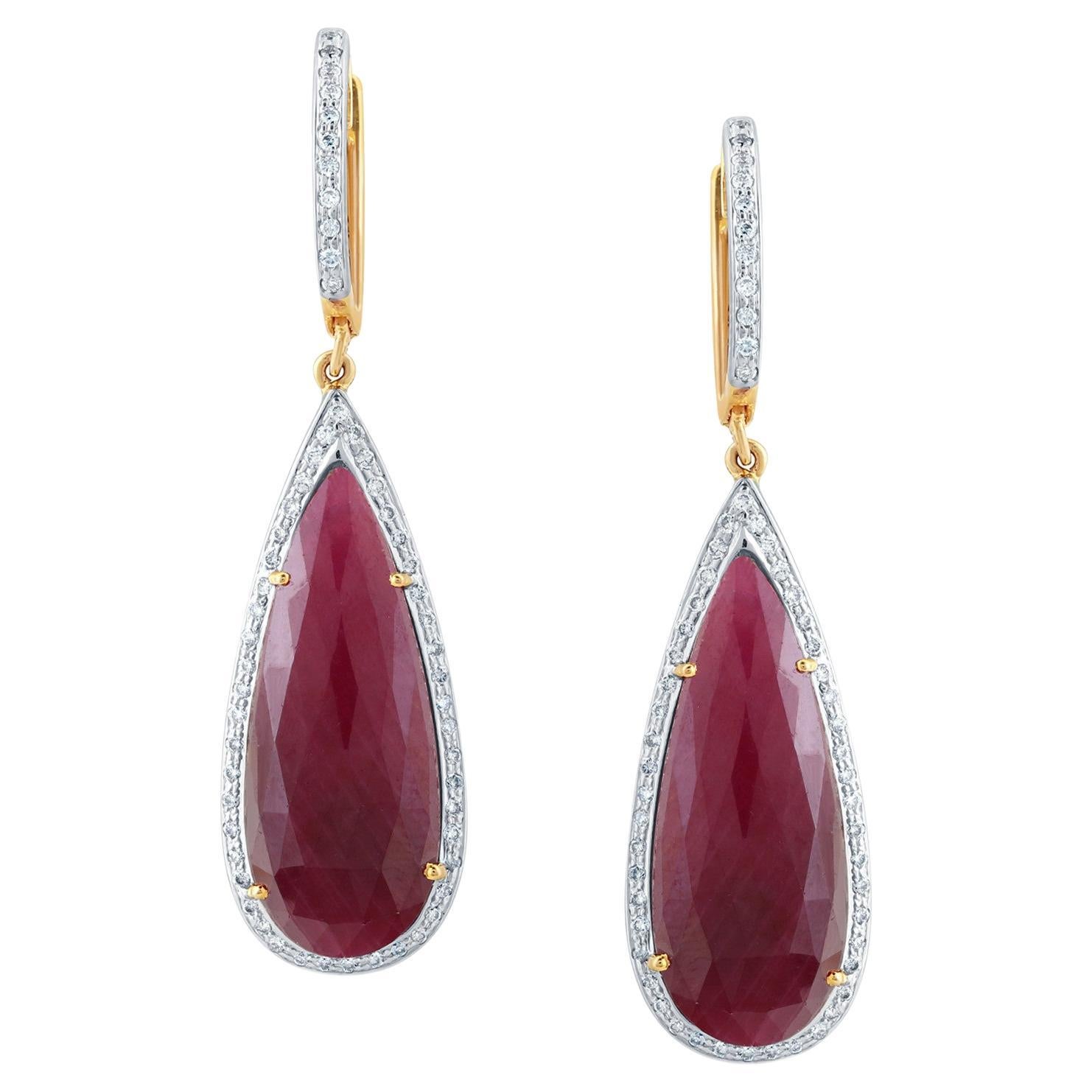 Ruby Long Pear Shape and Diamond Earrings in 18K Yellow Gold