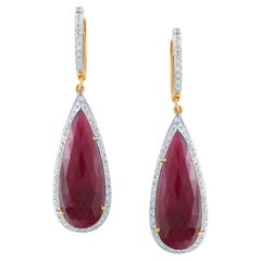 Ruby Long Pear Shape and Diamond Earrings in 18K Yellow Gold